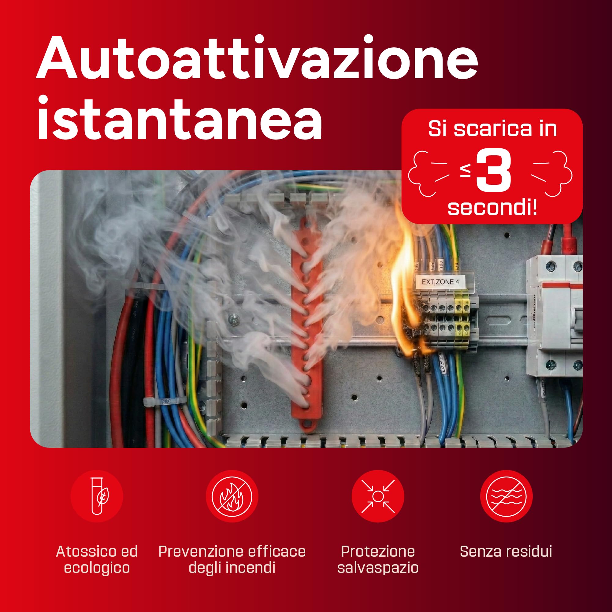 Piccolo Estintore Automatico (4 Pezzi) | Per quadri elettrici, fusibili, batterie al litio, inverter, veicoli, imbarcazioni e vani tecnici.