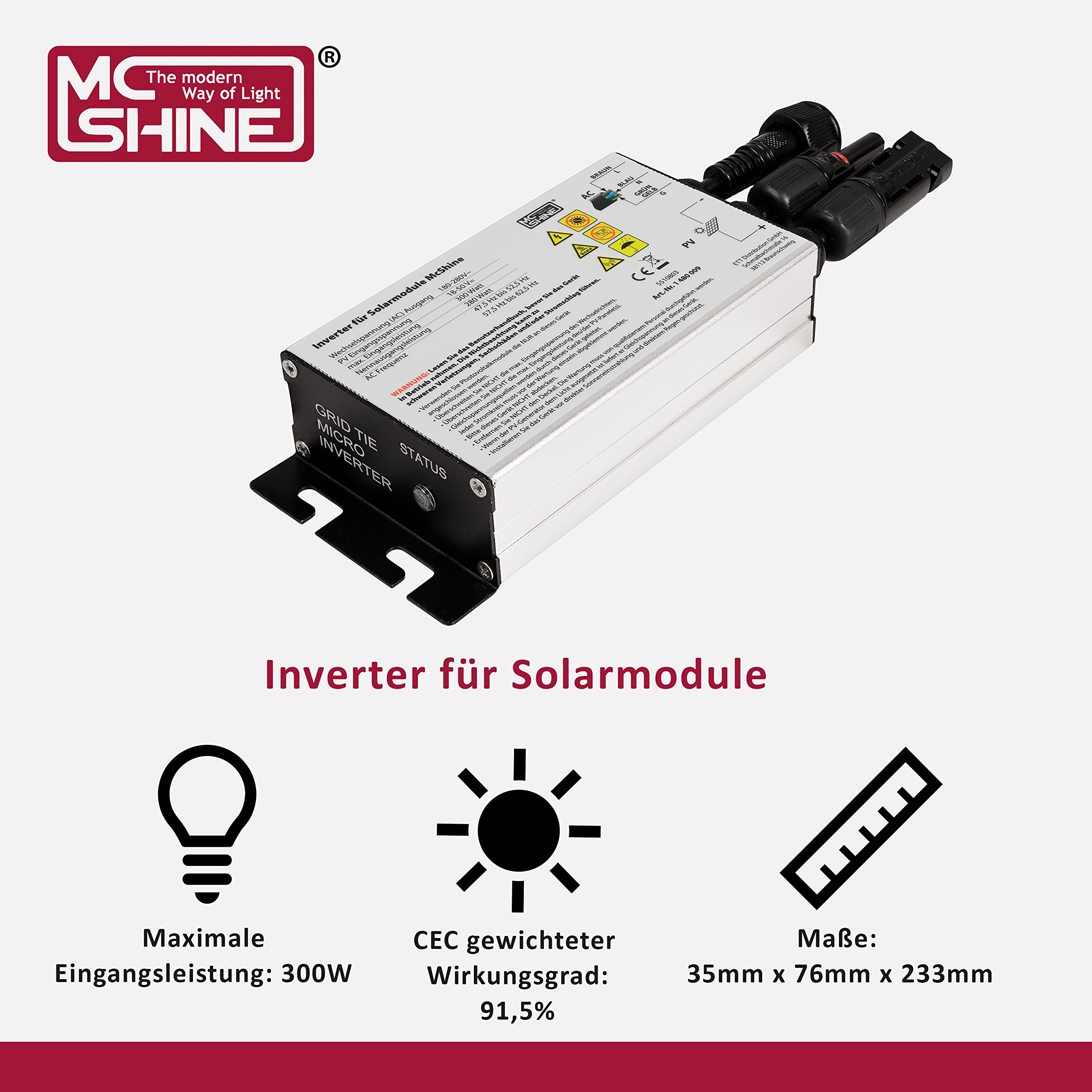 McShine - Wechselrichter für Solarmodule | 300W, 5M Kabel, IP55 | Wechselrichter für Solar Balkonkraftwerk, MPPT 24V-40V