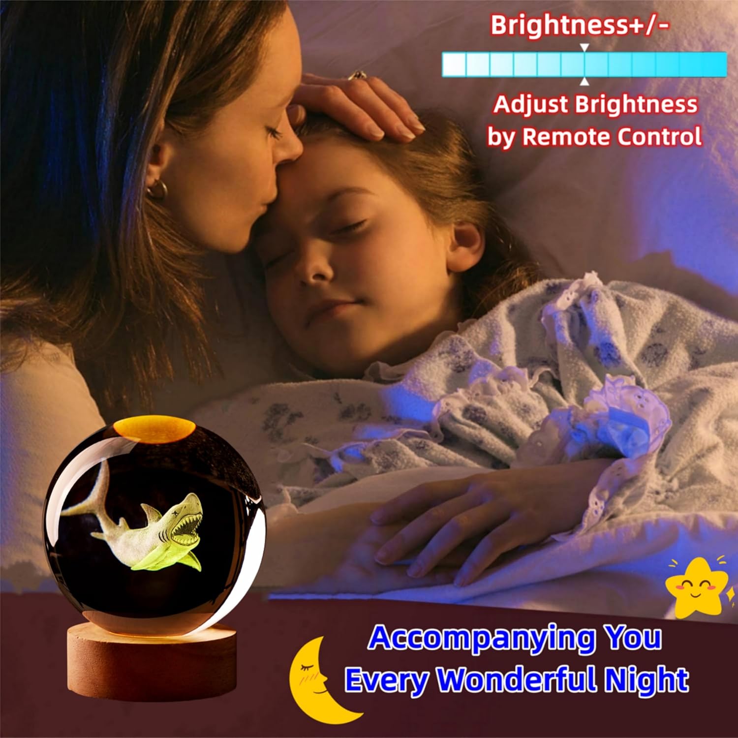 Large Shark Crystal Ball Night Light with Woodern Base, 3D Crystal Lamp 16 Color Changing with Remote Control, Laser Engraved Glass Ball Lamp, Room Decor (Shark) - Image 3