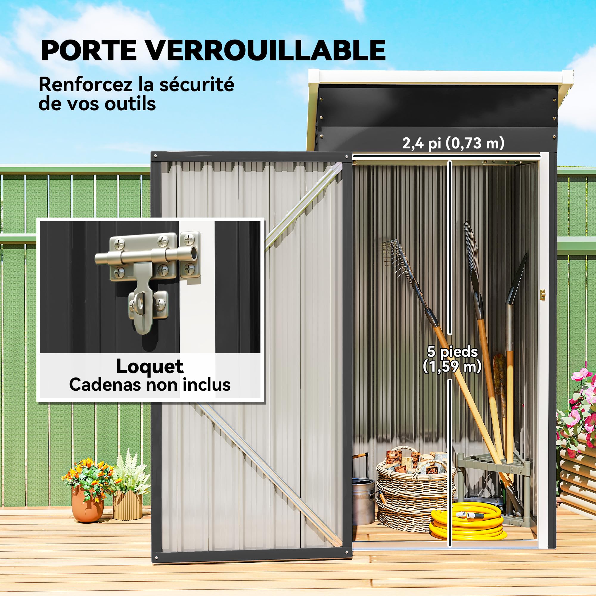 Outsunny Abri de Jardin en Métal Cabane 107,5 x 91 x 185 cm Gris Foncé | Cabane de Jardin Extérieure, Porte Verrouillable, Toit Incliné, Aérations, Gants, Cabanon Rangement Outils, Acier Galvanisé