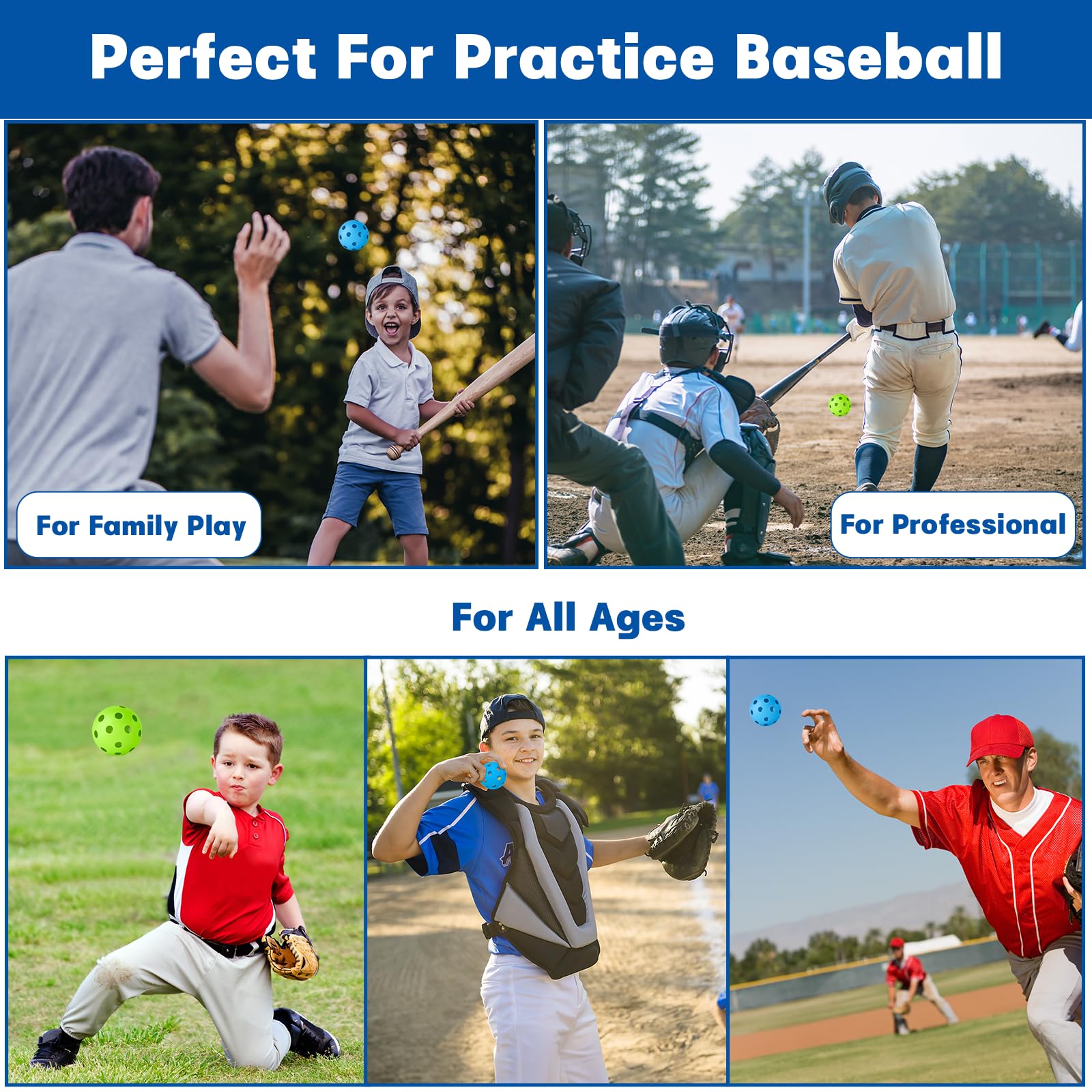 Coopay Baseball-Übungs-Basebälle, Kunststoff, hohl, weiche Bälle mit Kordelzugbeutel zum Schlagen, Baseball-Training, für drinnen und draußen, 36 Stück (Grün und Blau)