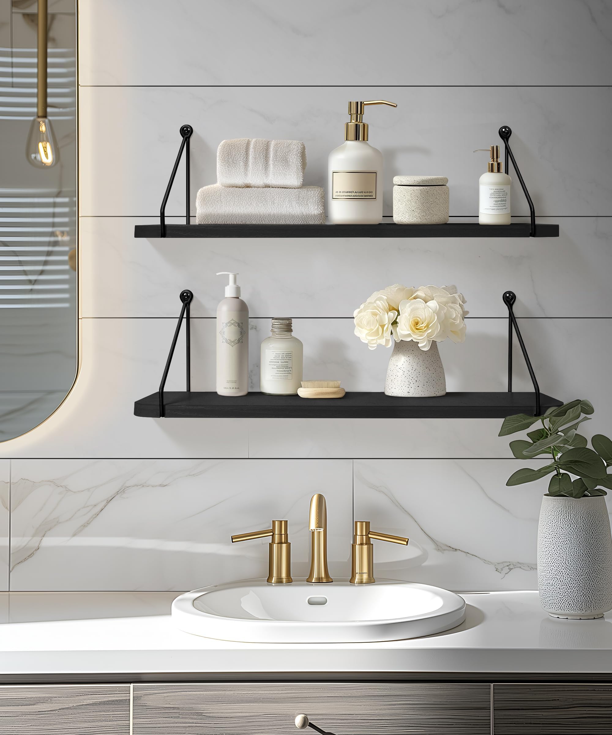 Afuly Estantería de Pared Larga, Baldas de Madera Negra con Soporte Metal | 60cm Repisas de Pared Juego de 2, Balda, Almacenaje, Decoración, Balda Flotante para Fotos, Plantas, para Salón, Dormitorio