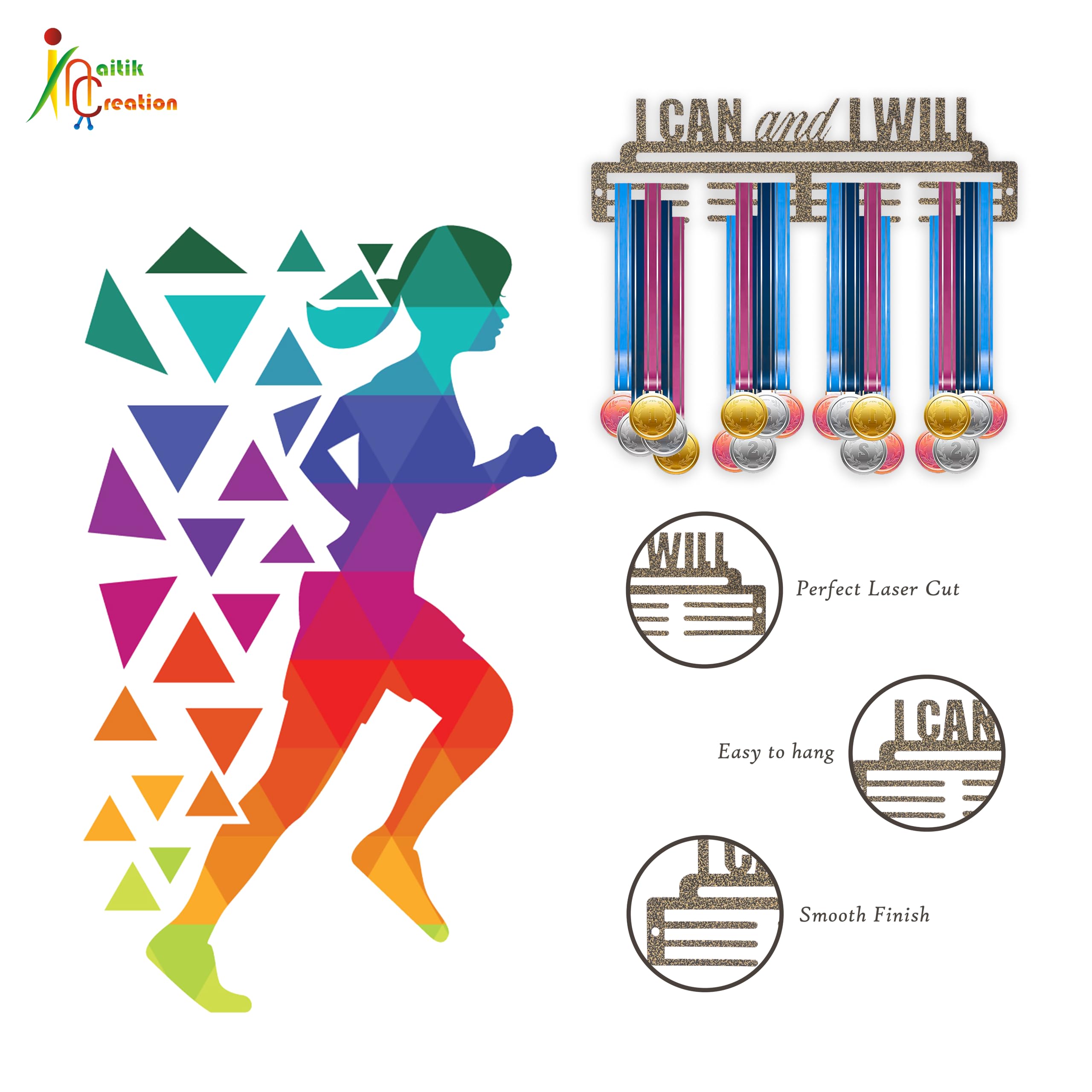 NAITIK CREATION Medal Hanger for Wall – Medal Holder Display Hanger | Holds Up to 65 Medals | Sports Medal Display | Medals Hanger | Premium Antique Golden, (I Can I Will) 3