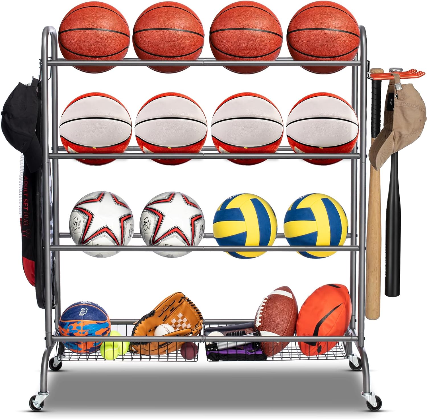 Basketball Rack, Rolling Basketball Shooting Training Stand,Sports Equipment Storage with Wheels, Four-Layer Organizer Holder with Two Basket for Basketballs Footballs Volleyball Grey