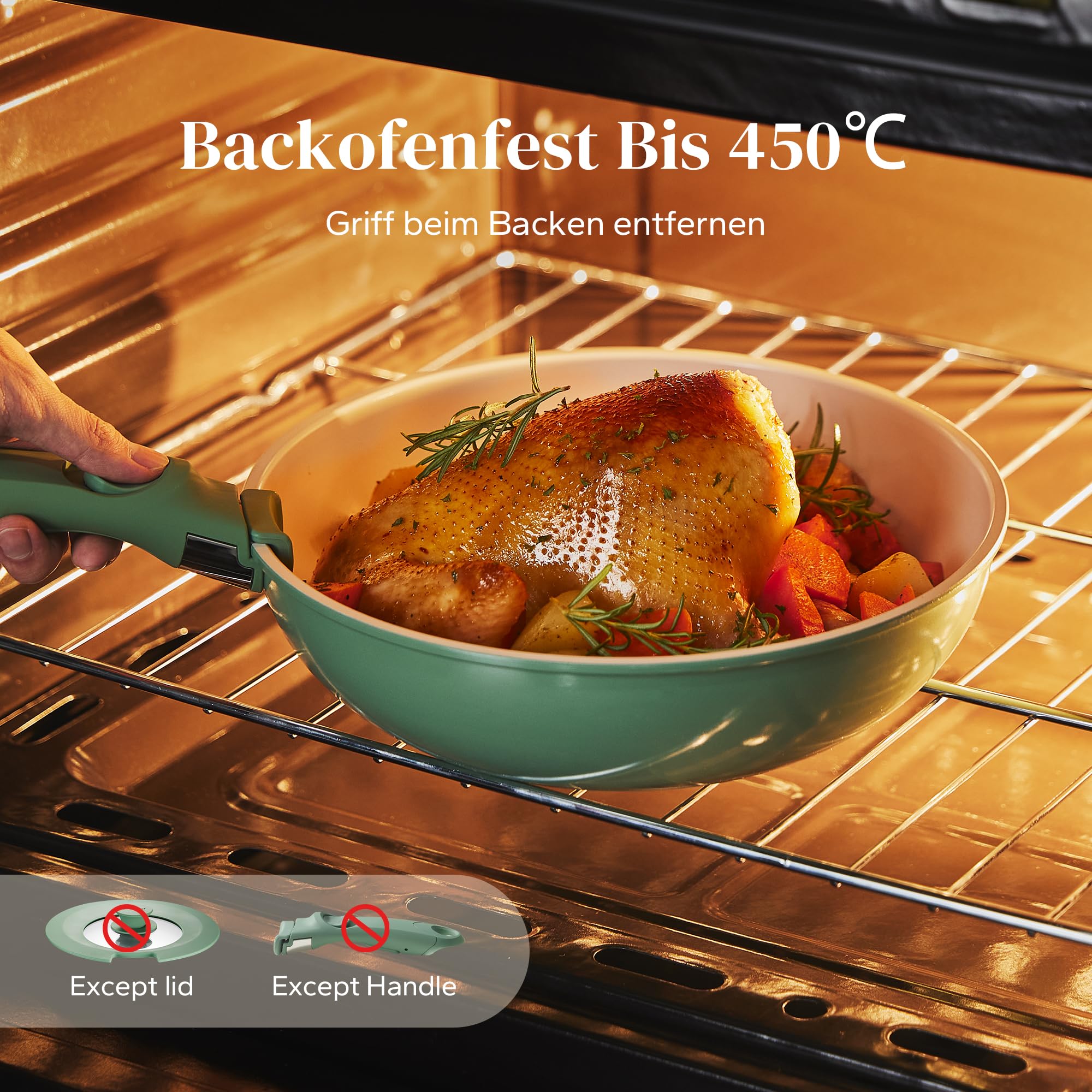 Redchef Set di pentole da 16 pezzi, antiaderente in ceramica, con manico rimovibile, padella da 20/26 cm, padella da 26 cm, pentola da 18/20 cm, impilabile per tutti i piani cottura, adatto al forno