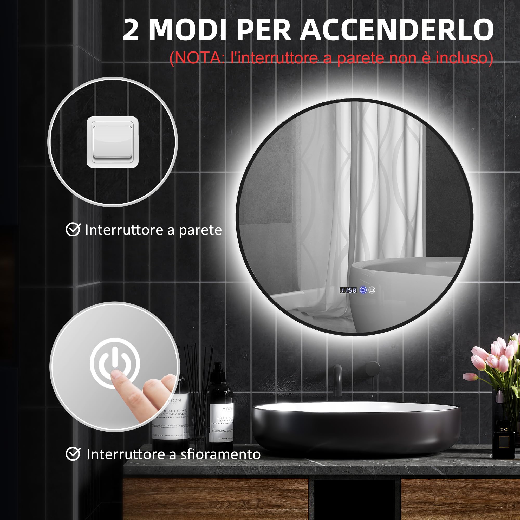 HOMCOM Specchio da Bagno con Luce LED Regolabile, Specchio Rotondo Anti Nebbia 70 cm, Specchio da Parete con Smart Touch con Display Ora e Temperatura e Funzione Memoria, IP44, Nero