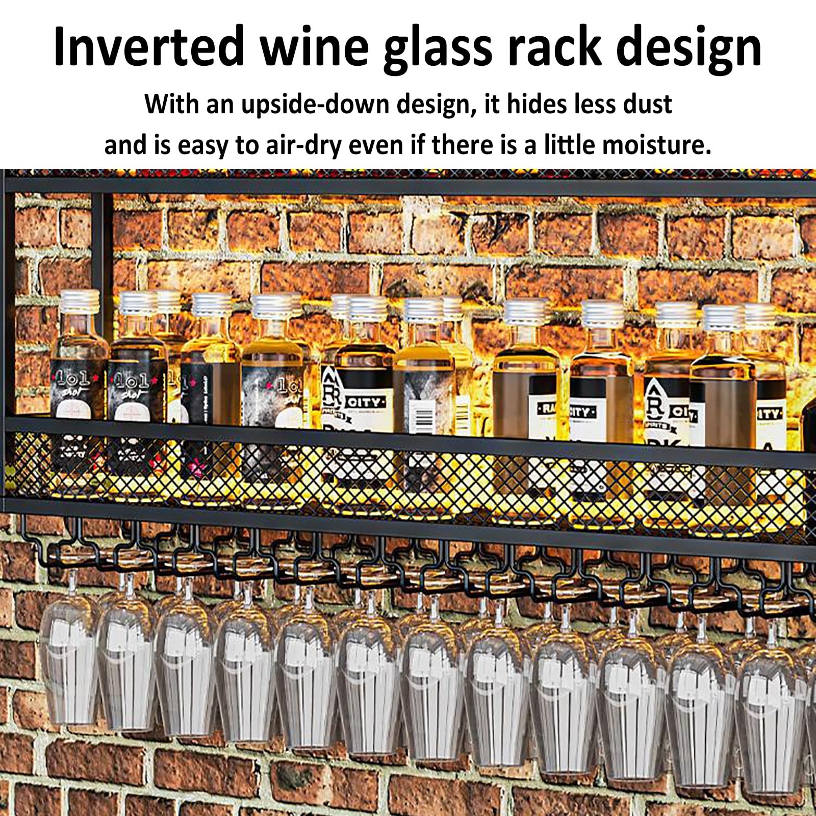 Moderno estante de vino de metal montado en la pared con luz LED, estantes flotantes para botellas de licor y vasos, elegante solución de almacenamiento de cocina