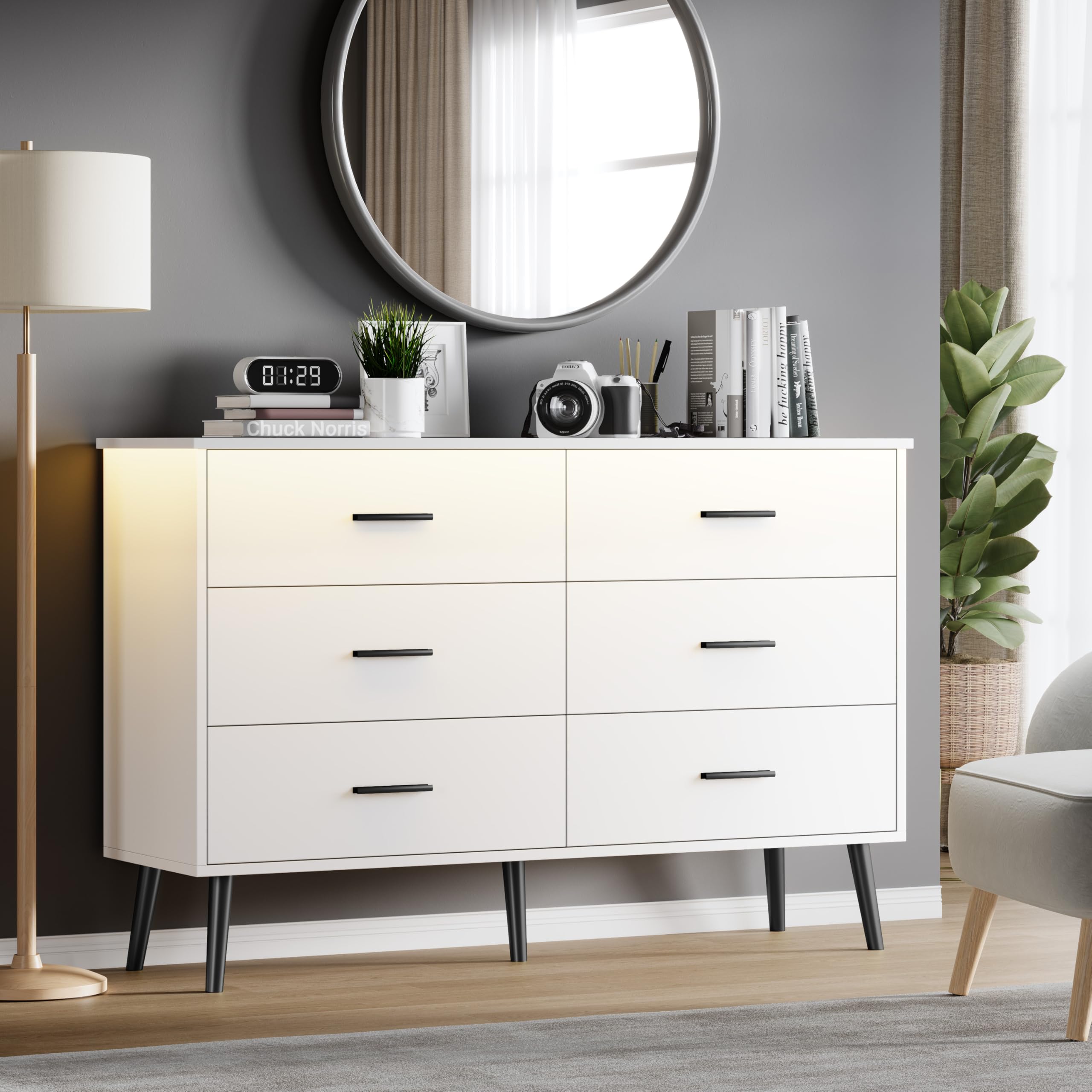 White 6 Drawer Dresser Organizer for Bedroom, Wood Large Storage Drawers, Modern Wide Chest of Drawers with Golden Handle for Living Room Entry Hallway Furniture