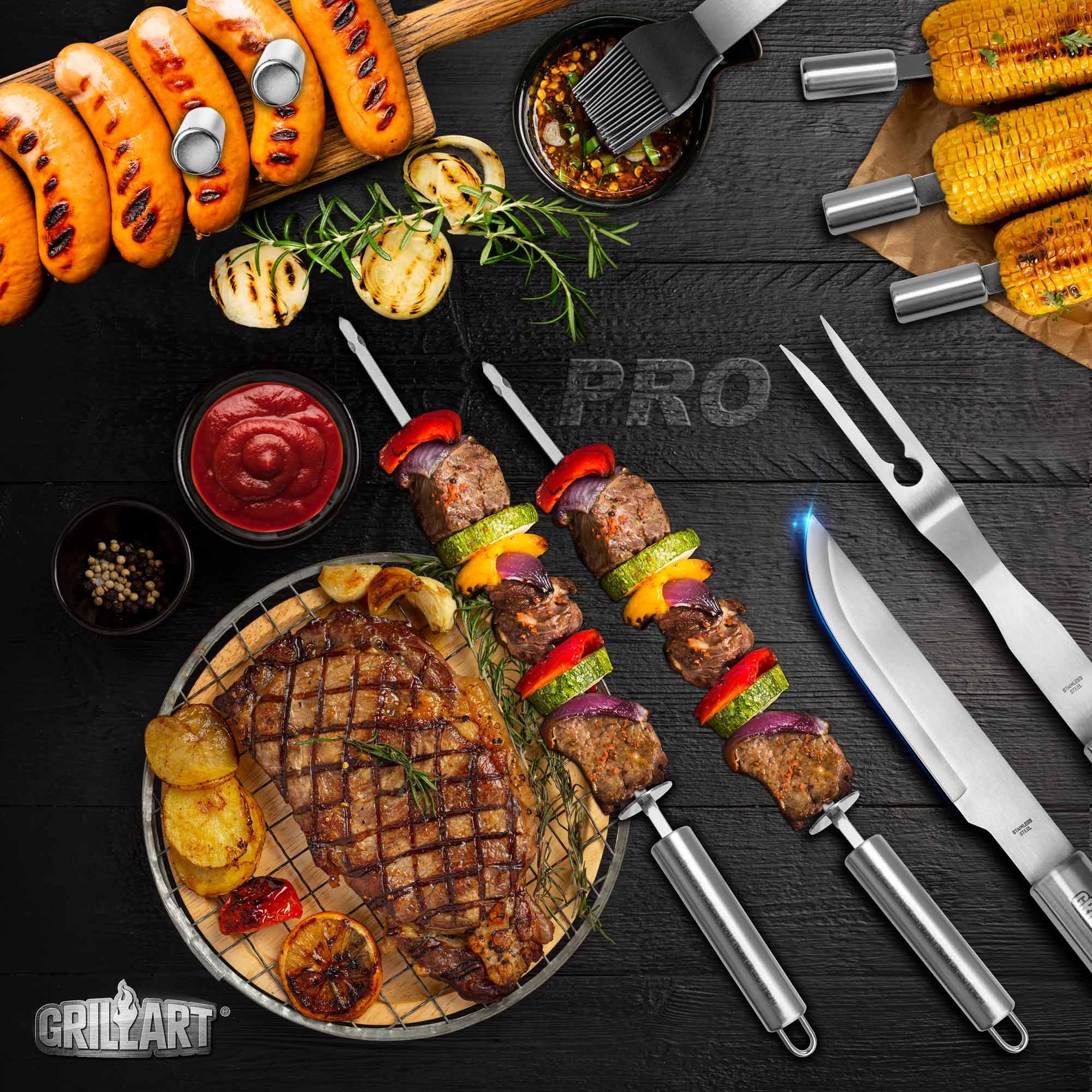 GRILLART Zestaw narzędzi do grillowania – wzmocnione szczypce do grilla, 19-częściowy zestaw akcesoriów do grillowania ze stali nierdzewnej, z aluminiową walizką do przechowywania, kompletny zestaw do
