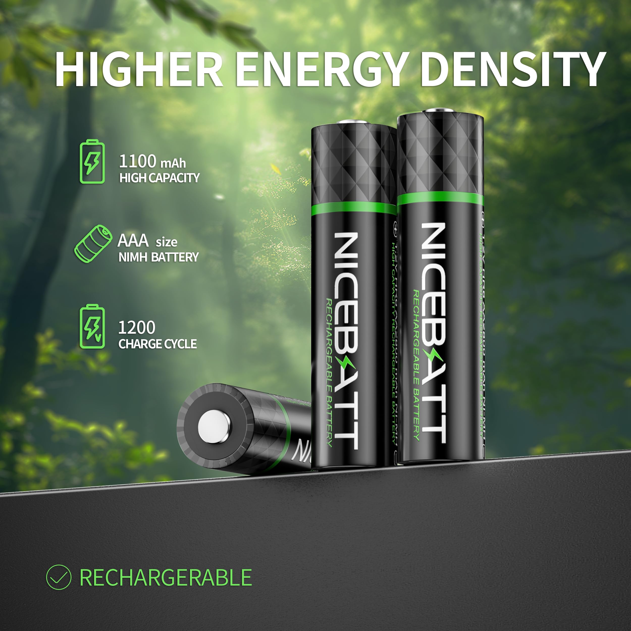 NICEBATT Lot de 16 piles AAA rechargeables 1100 mAh NiMH triple A à faible auto-décharge