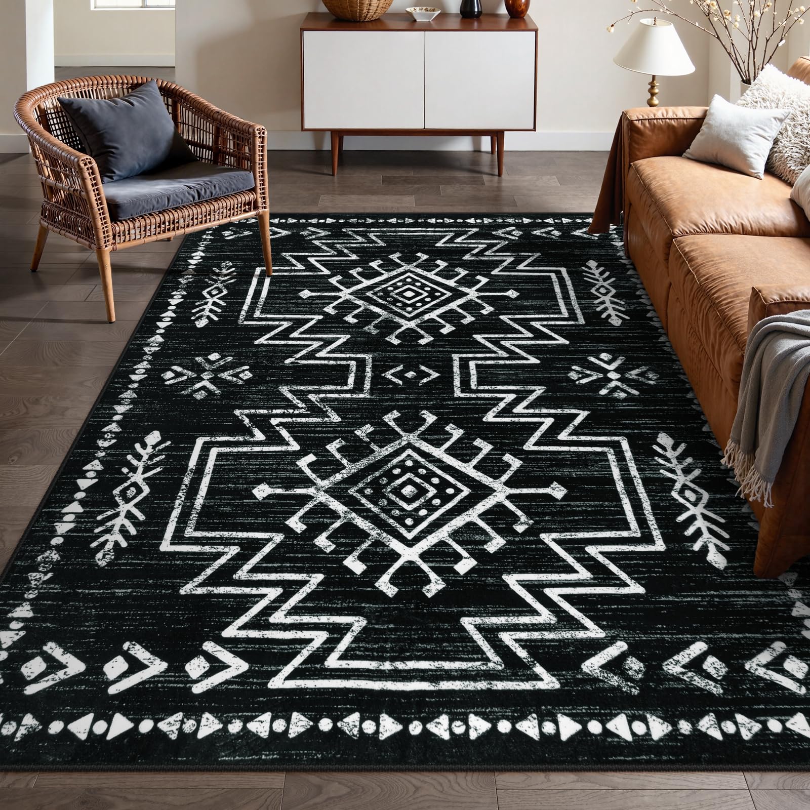 LahomeWashable Living Room Rugs 8x10, Western Black and White Rug for Bedroom, Low Pile Boho Distressed Aztec Floor Carpet for Dining Room, Soft Stain Resistant Large Moroccan Carpets