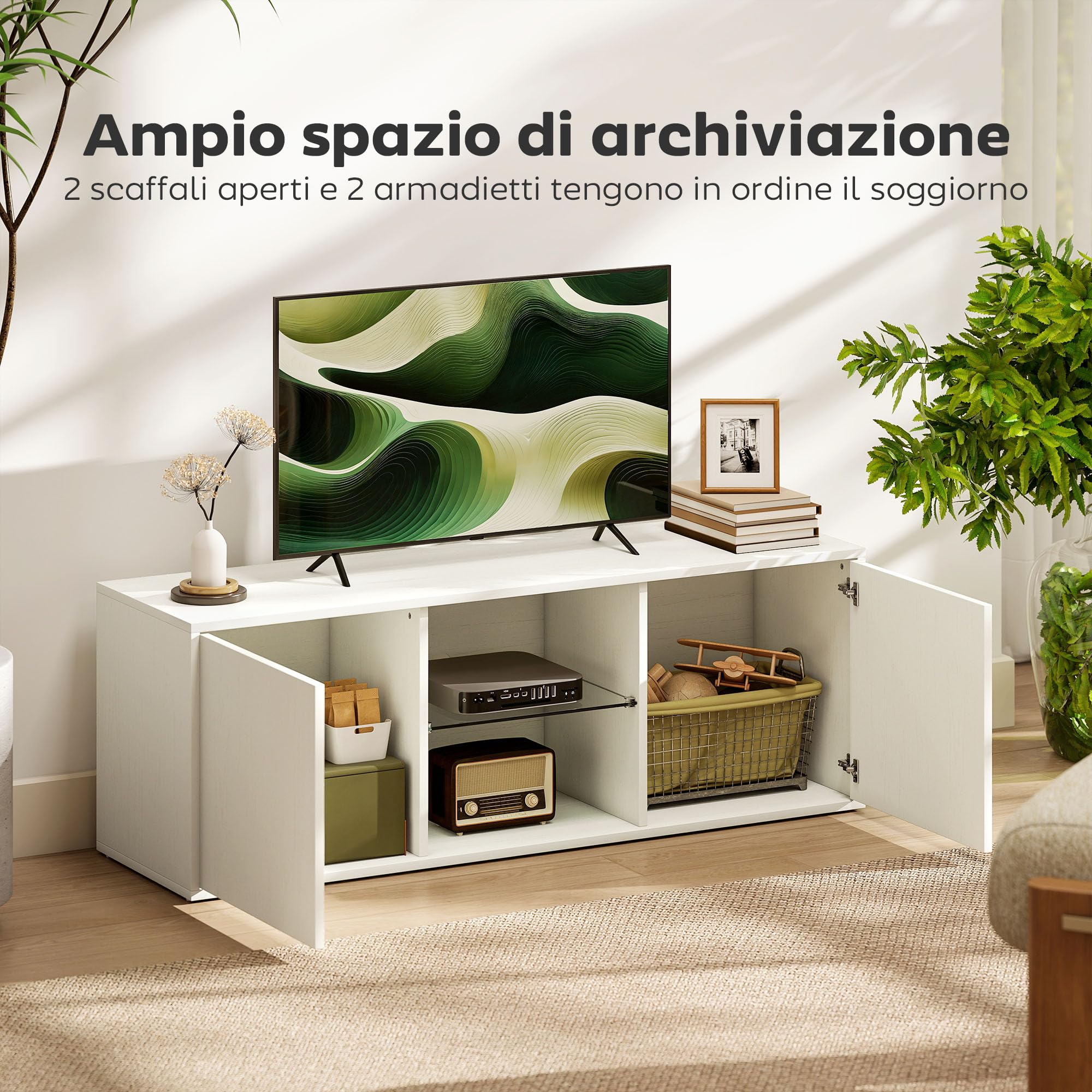 HOMCOM Mobile Porta TV fino a 55" 120 cm Soft Close Bianco Effetto Legno | Mobiletto TV Sospeso o a Terra, Foro Passacavi, Ripiano in Vetro, per Soggiorno e Salotto