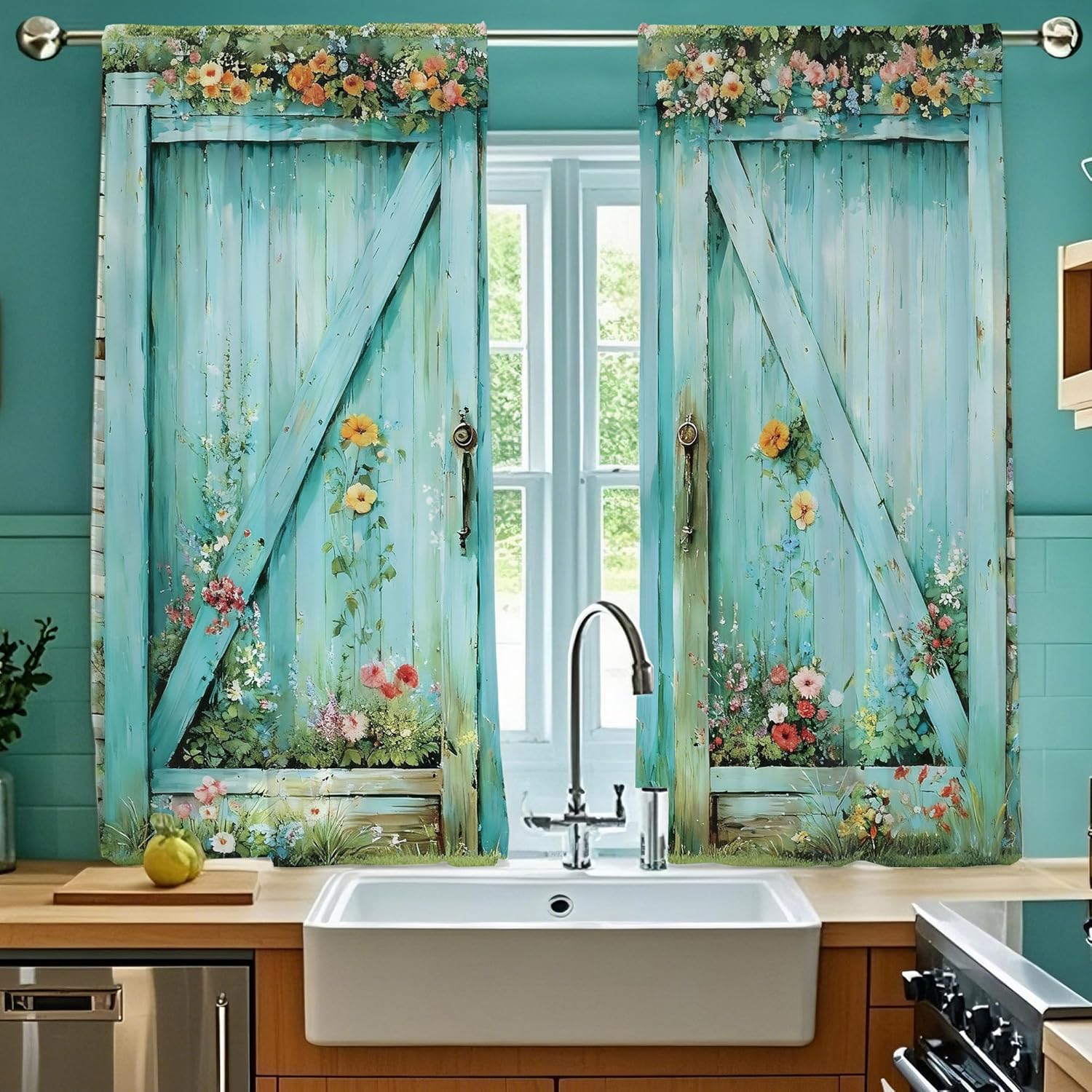 Colorful Abstract Window Curtains 42x63 inches Long 2 Panels Floral Aesthetic Flower Lake Nature Scene Color Mountain Retro Boho Living Room Curtain Window Treatment Curtain Drapes for Bedroom