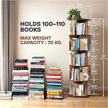 Vigo Wood 360° Rotary Bookcase – Modern and Decorative Multilayer Wooden Book and Magazine Shelf (Oak, 5 Shelves)