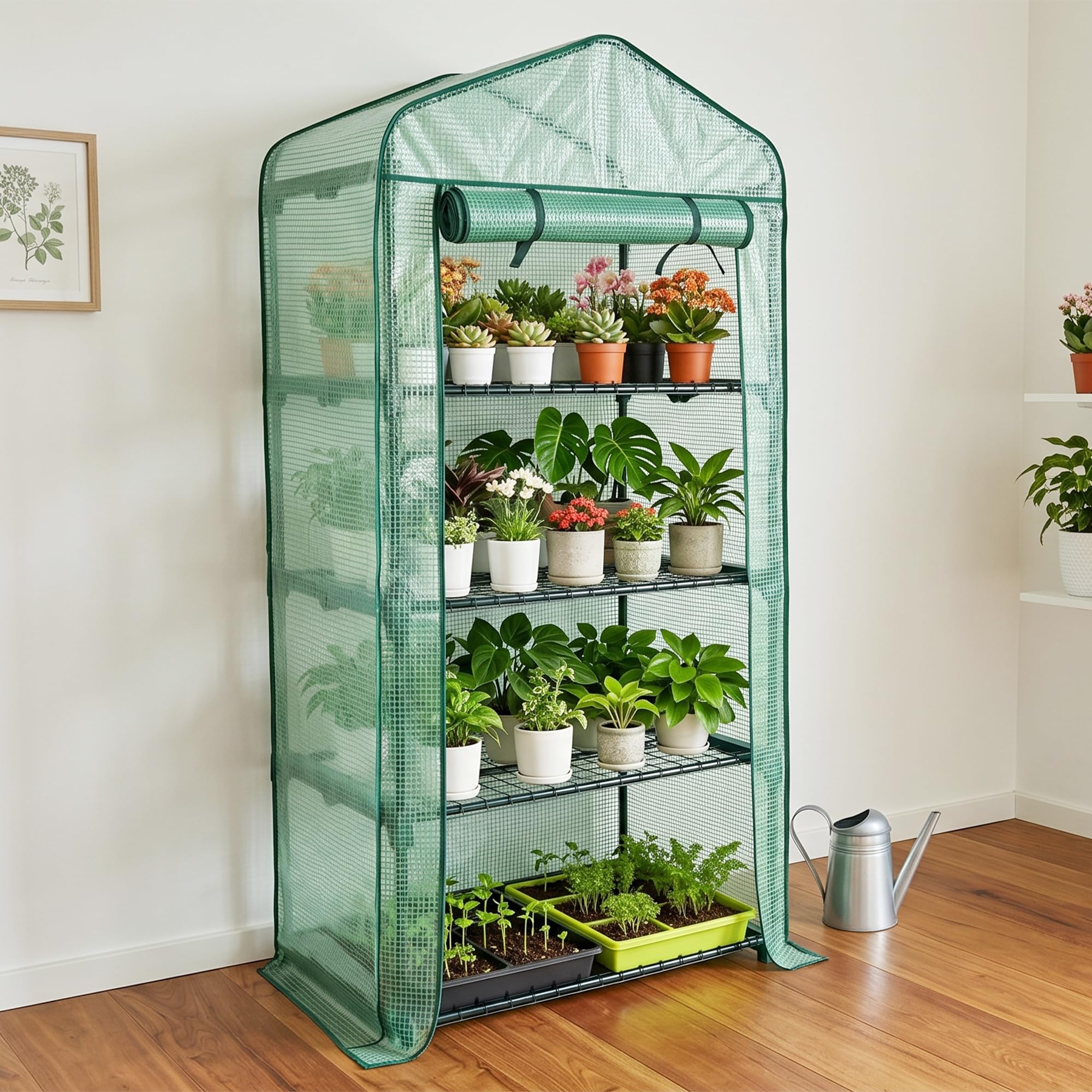 Worth Ogrodowa 4-poziomowa mini szklarnia – 160 cm wys. x 71 cm dł. x 45 cm szer. – stabilne przenośne półki ogrodowe z wytrzymałą osłoną PE z zwijanymi drzwiami na zamek błyskawiczny – mały zielony