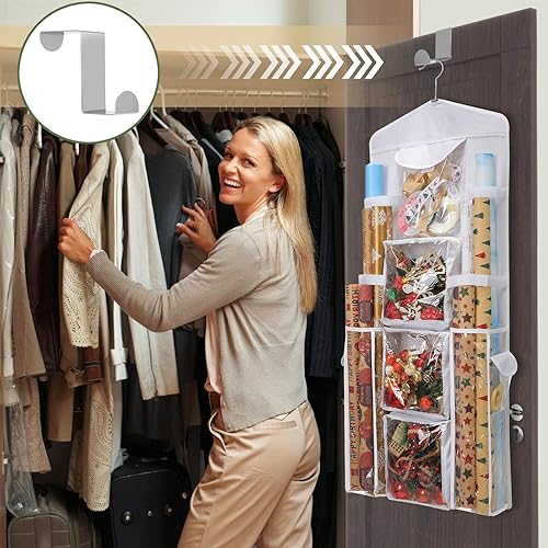 Miniatura 6 de EXLIFBAG Organizador de almacenamiento de papel de regalo, organizador de envoltorios de regalo con soporte de doble cara y bolsa de regalo colgante