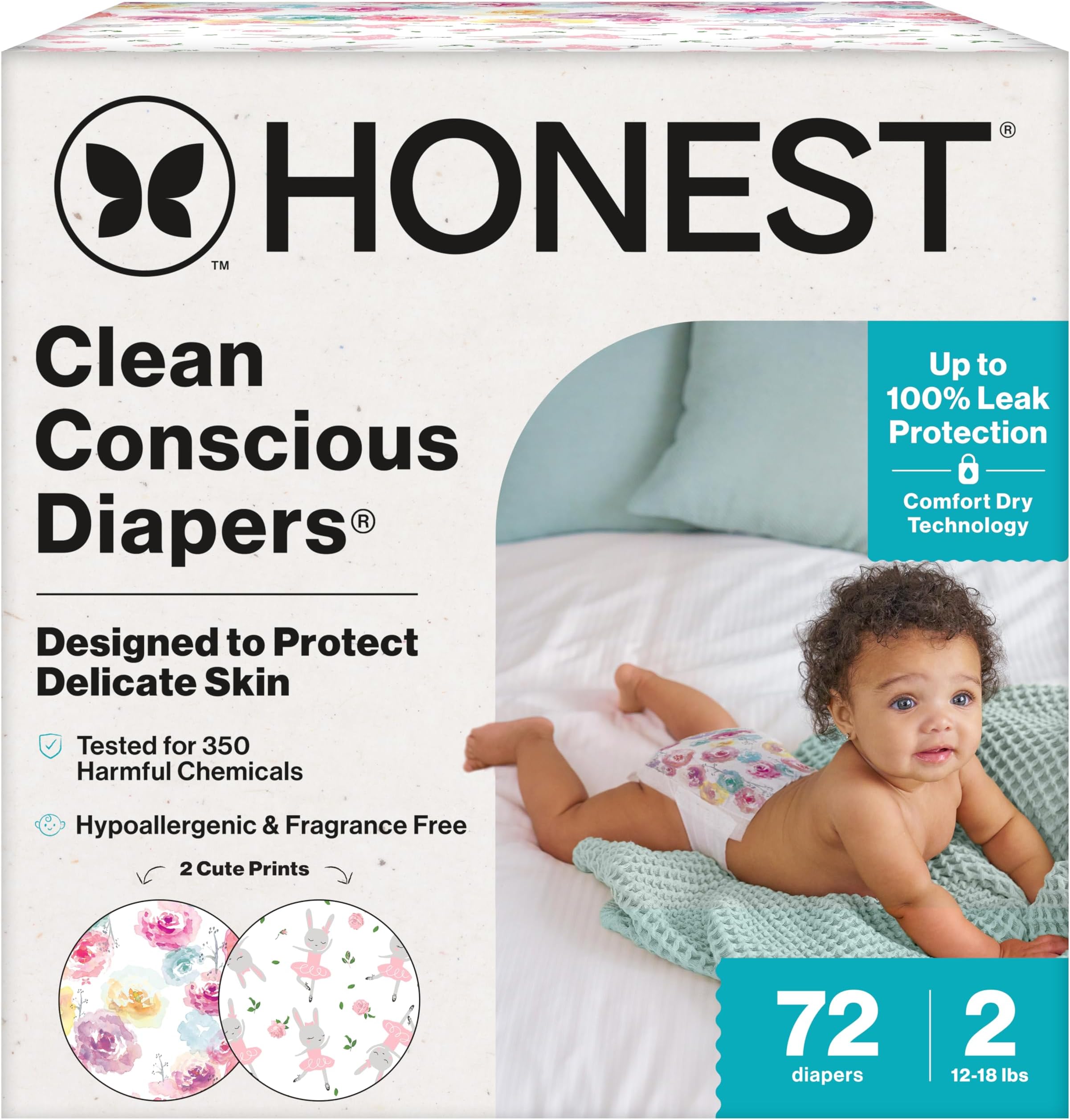 The Honest Company Clean Conscious Diapers | Plant-Based, Sustainable | Young at Heart + Rose Blossom | Club Box, Size 2 (12-18 lbs), 72 Count