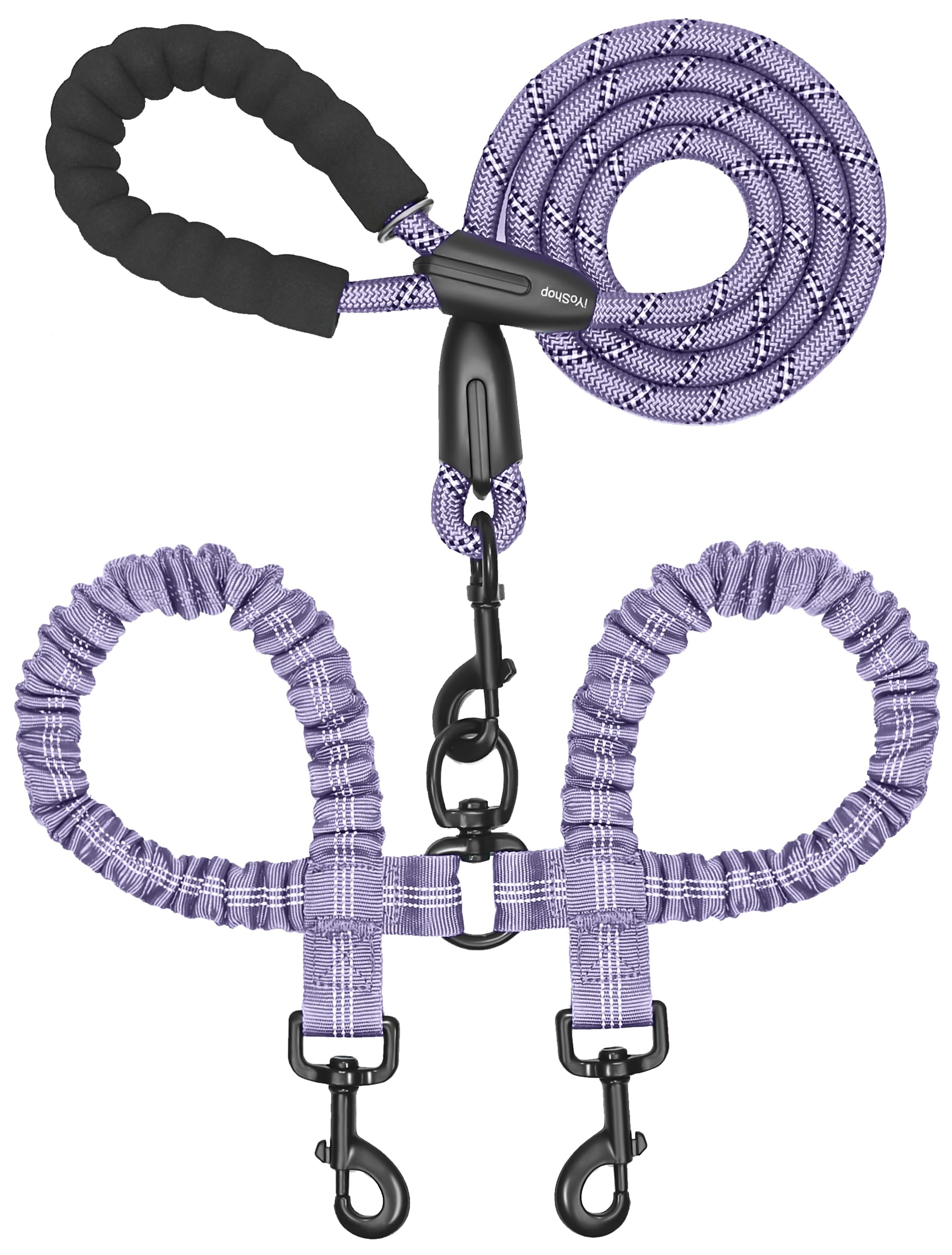 iYoShop Double Dog Leash, 360° Swivel, No Tangle, Large, Lavender