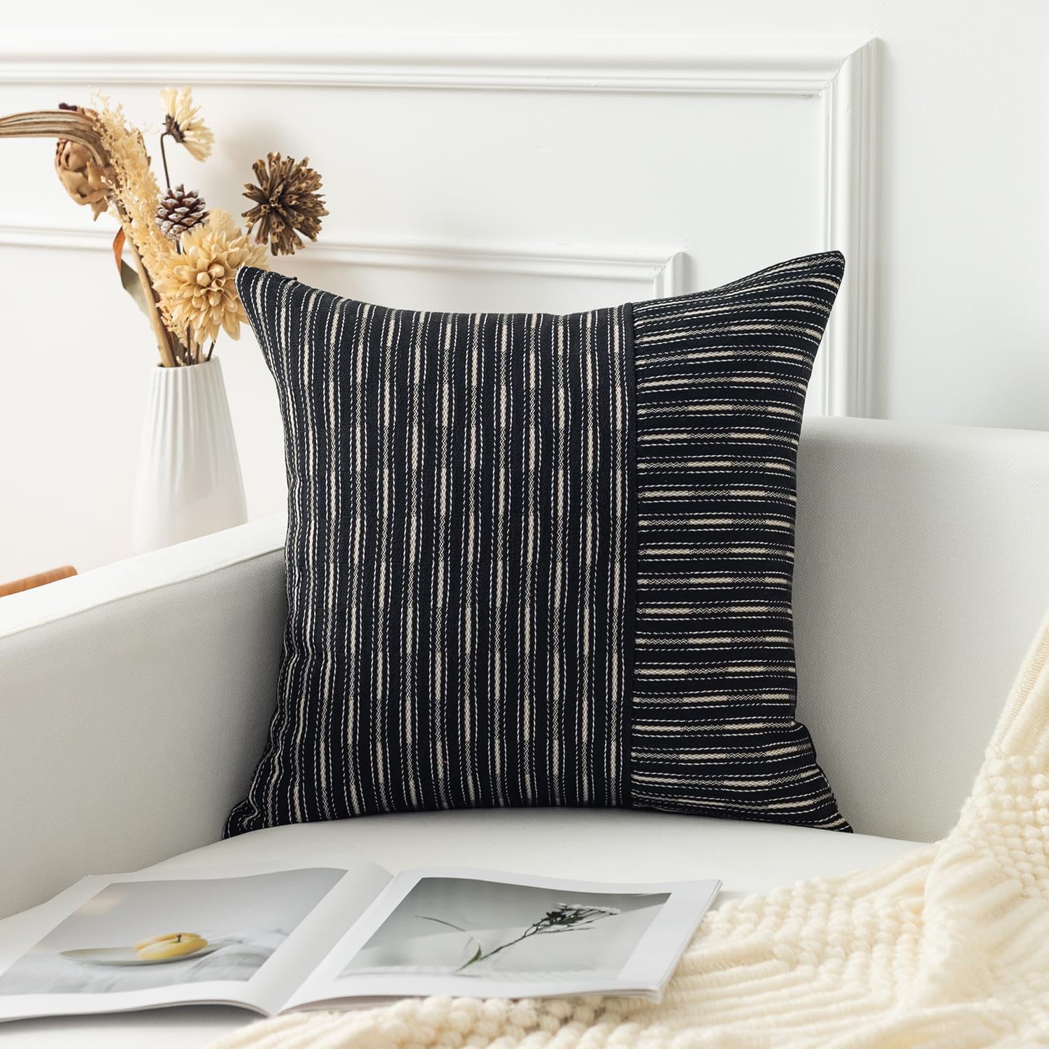 Kevin Textile Ink Black and Beige Patchwork Farmhouse Pillow Covers 20x20 Inch, Pack of 2 Striped Linen Decorative Modern Accent Pillow Cases for Sofa Couch Bedroom - Image 6