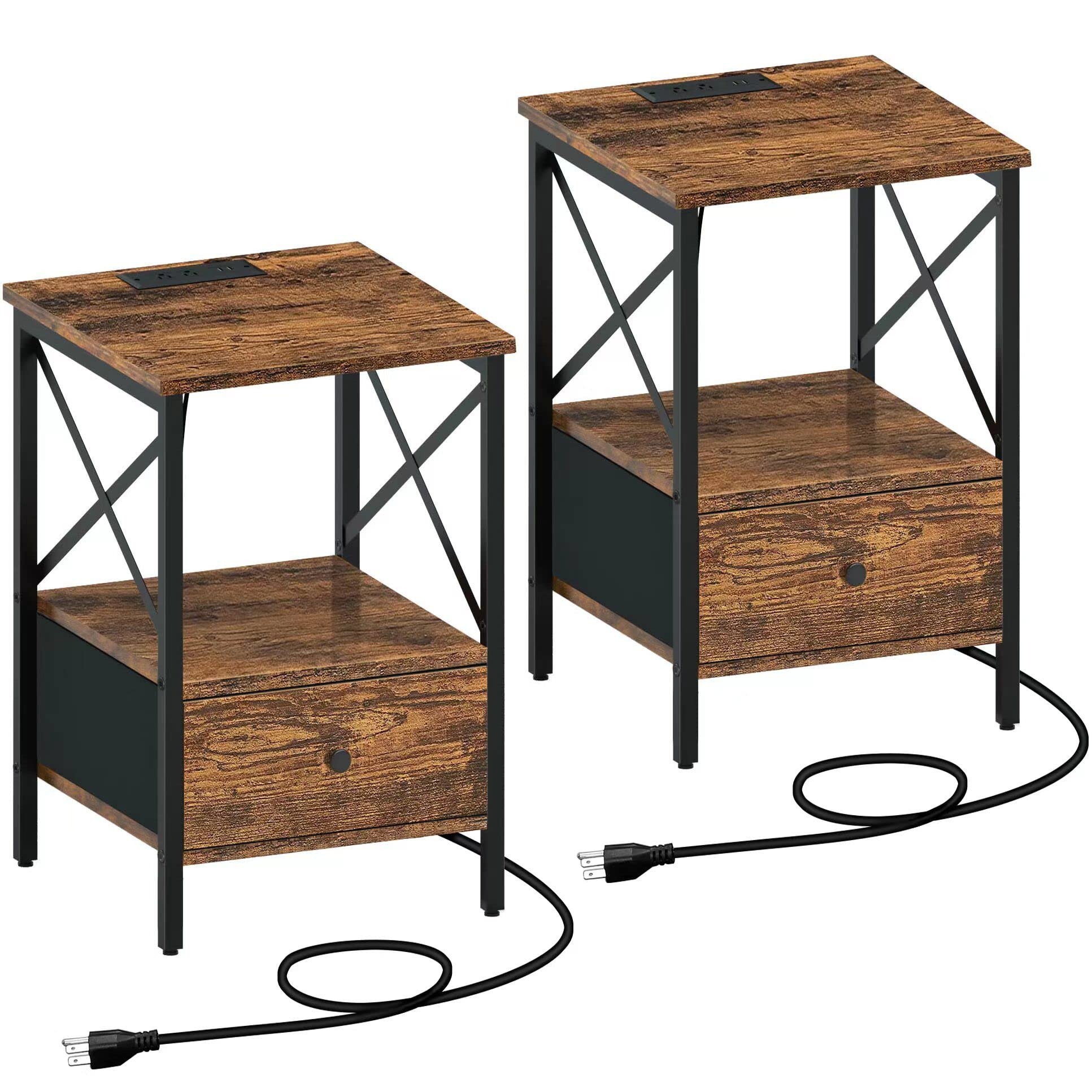 HOMSHO Nightstand with Charging Station and Storage Drawer; End Table Set of 2; Narrow Side Table for Bedroom, Living Room, Sofa; Bedside Table with USB Ports & Power Outlets