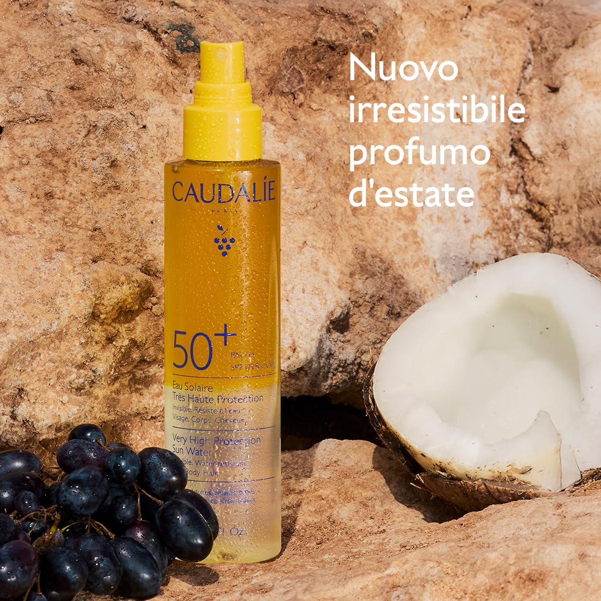 Caudalie Acqua Solare ad Altissima Protezione SPF50+ – CollagenSkinProtect™, Filtri Solari Organici, Viso Corpo e Capelli, Resistente all'Acqua, Vegano, PA++++, 150 mL