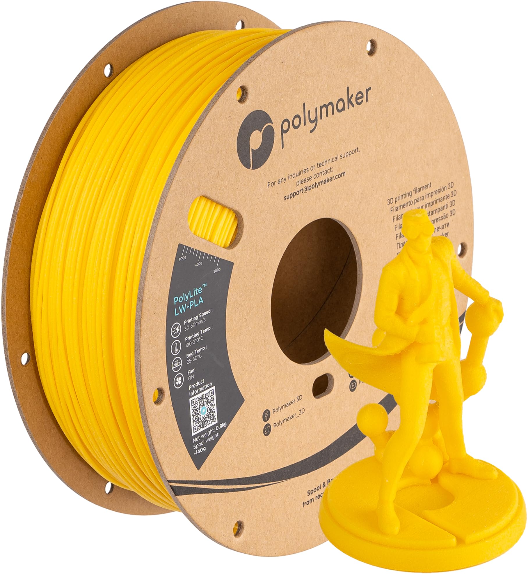 Polymaker Light Weight PLA Filament 1.75mm Bright Yellow 0.8kg, PolyLite 3D Printer PLA Filament Bright Yellow Low Density, Print with Most 3D Printers