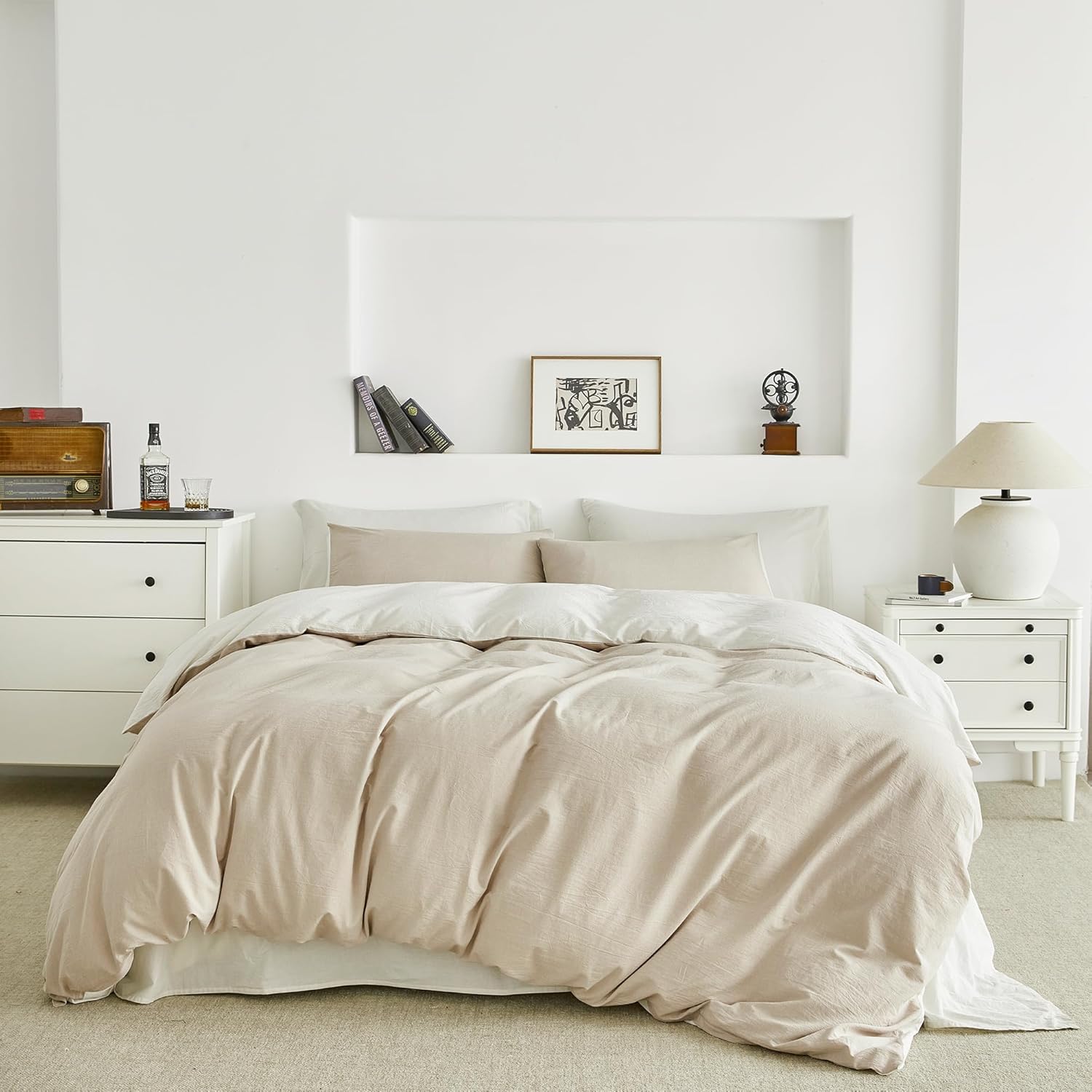 SUSYBAO White Beige Duvet Cover King 100% Washed Cotton 3 Pcs Set 1 Neutral Reversible Beige Duvet Cover with Zipper Ties 2 Pillowcases Vintage Farmhouse White Bedding Set Soft