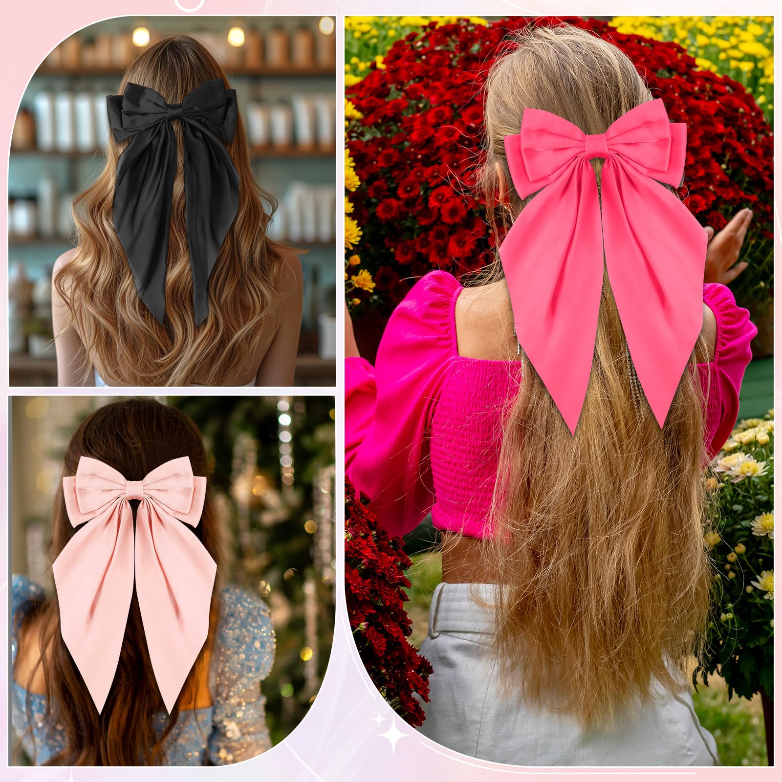 Hoteam 16 lazos de satén sedoso a granel para mujer, cintas grandes para el cabello, lazos grandes, lazos grandes para el cabello, pinzas para el pelo, cola larga de gran tamaño, pinzas para el
