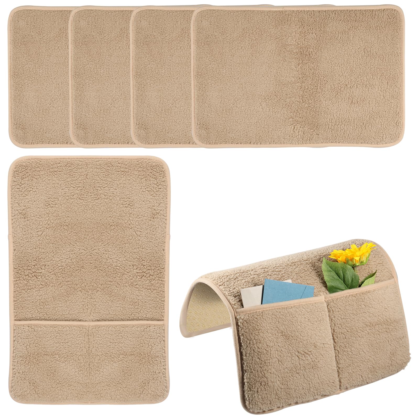 Foppla 5Pcs Lambswool Sofa Armrest Protector with Side Storage Pockets, Non-Slip Sofa Headrest Cover, Machine Washable Recliner Chair Arm Cover (Khaki)