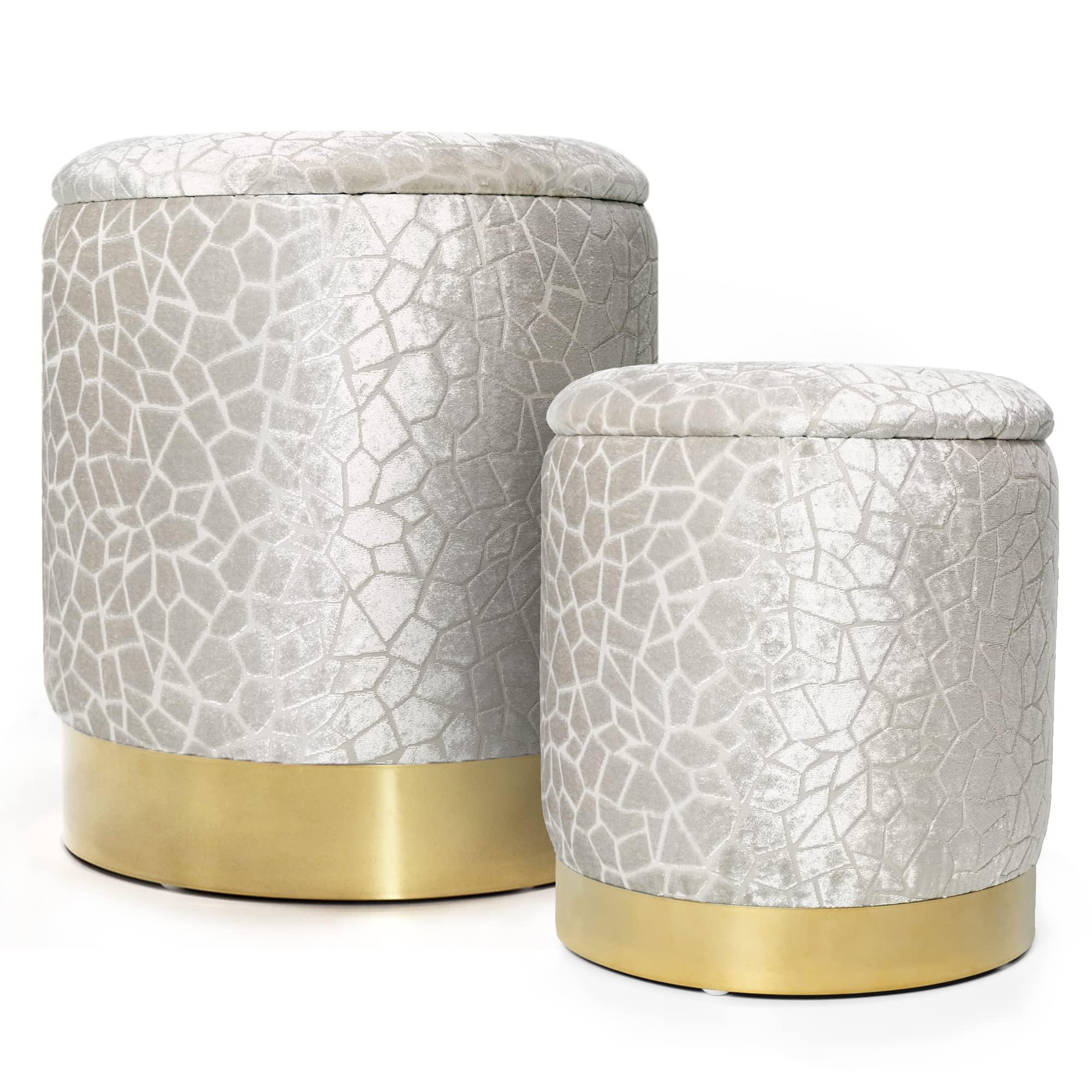 INSPI DECOR Set of 2 Storage Ottoman, Round Ottoman with Storage, Abstract Storage Ottoman for Living Room, Storage Ottoman for Bedroom, Gold Ottoman with Storage-Off White