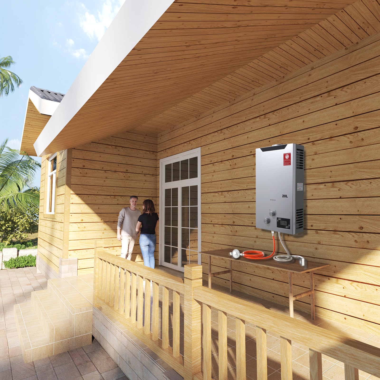 20L Gas Durchlauferhitzer,40KW LPG Warmwasserbereiter Instant Heißwasserbereiter Flüssiggas Durchlauferhitzer Warmwasserspeicher mit Plating-Duschkopf-Set,Silber