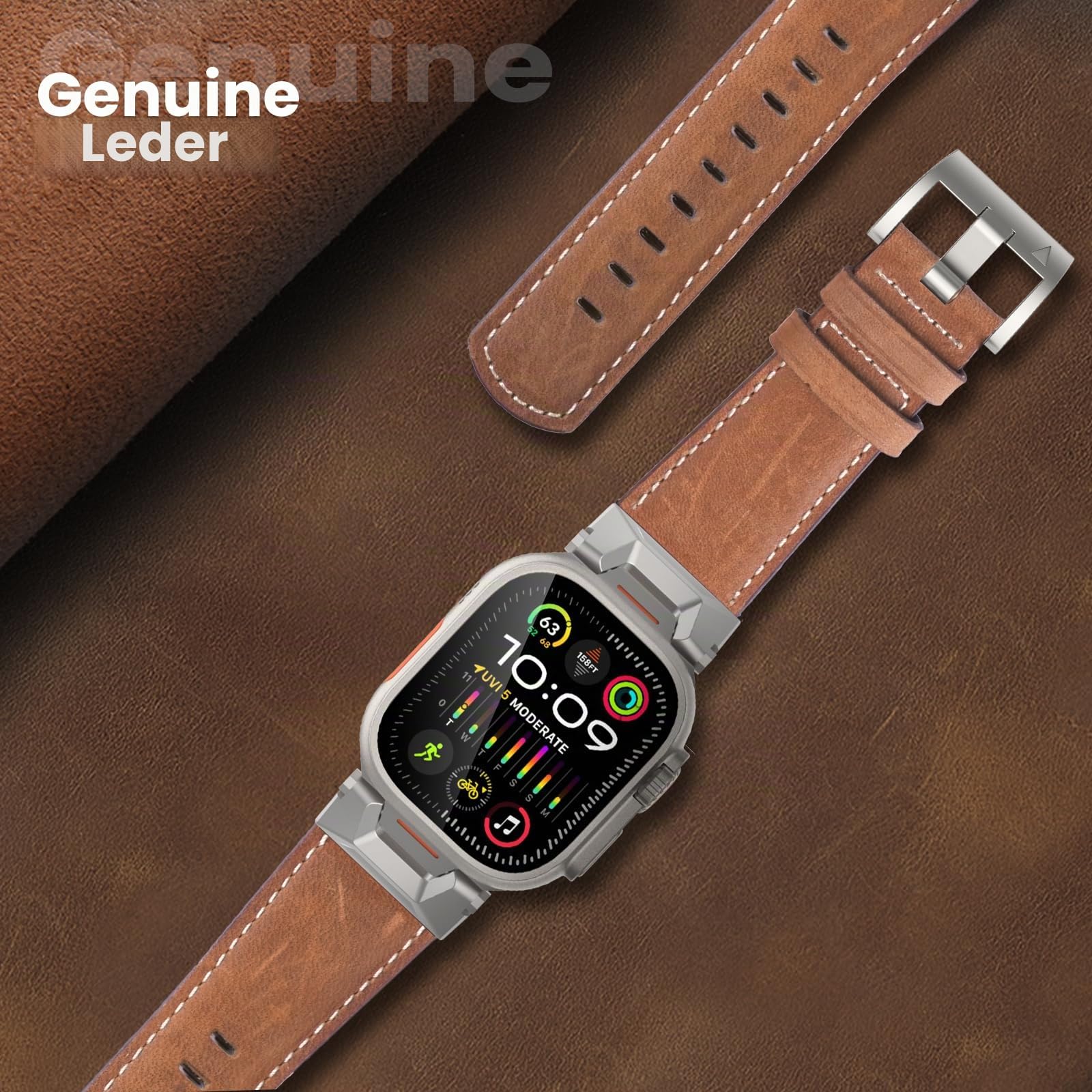 Lederarmband kompatibel für Apple Watch Ultra 3 Armband 49mm 46mm 45mm 44mm 42mm, Top Grain Echtes Leder Band mit Metallverbinder für iWatch Ultra 2/1 Series 11 10 9 8 7 6 5 4 3 SE