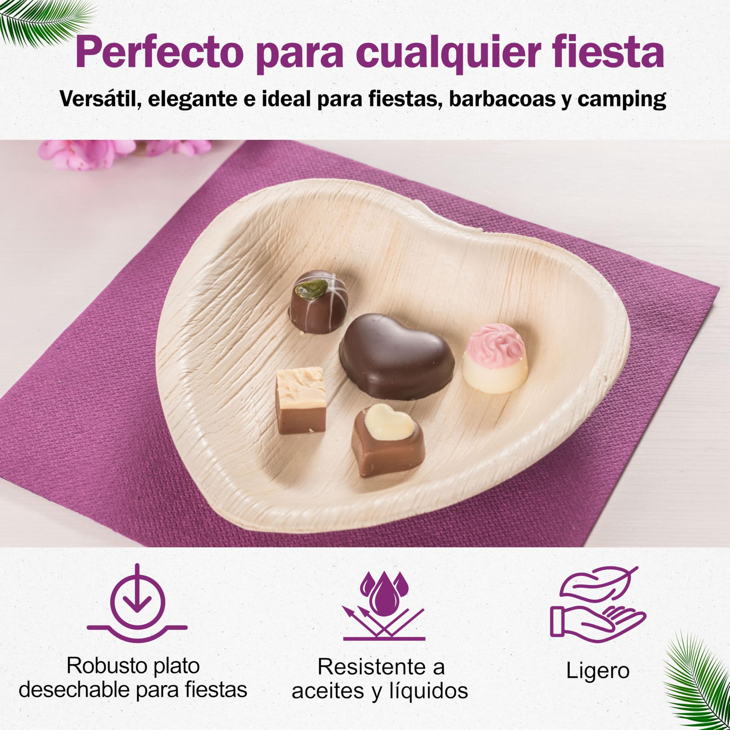 200 Platos Desechables de Hoja de Palma Orgánicos - Corazón 15 cm - Vajilla Ecológica Elegante - Estable, Natural y Compostable - Menaje de Fiesta - Estilo Madera - similar al Bambu