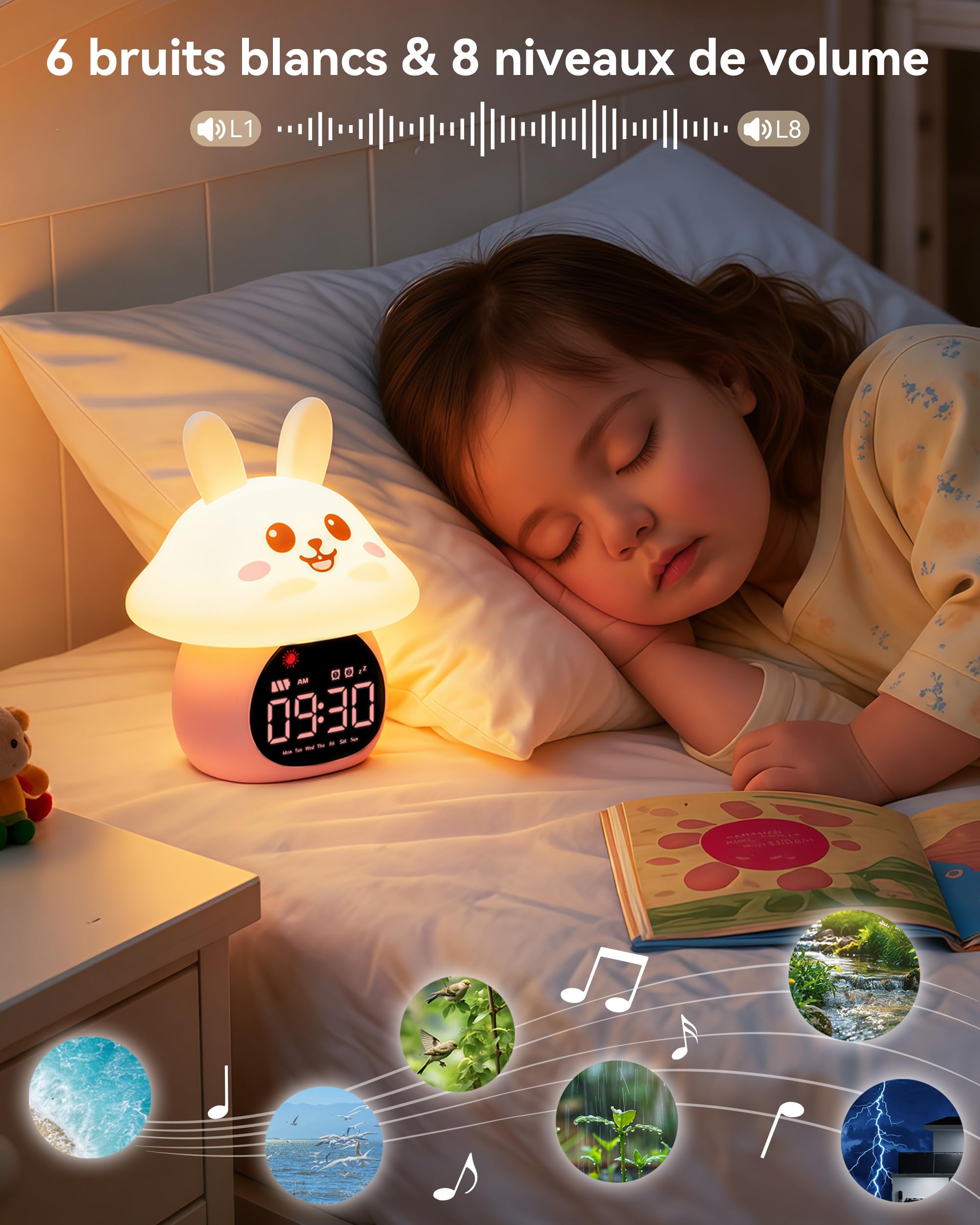 Yiliaw Réveil Enfant Éducatif Jour/Nuit Lumineux en Silicone avec Veilleuse – Horloge avec Lumière Apaisante, Idéale pour Garçons et Filles, Parfait pour Chambre d’Enfant, Lapin Champignon