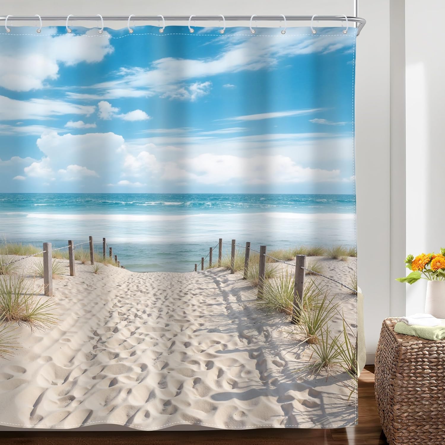 Riyidecor Beach Coastal Ocean Shower Curtain Seaside Seashore Scenery Landscape Nautical Sea Scenic Sand Blue Sky 72Wx72H Inch Summer Peaceful Fabric Decor Bathroom Polyester Waterproof Hooks
