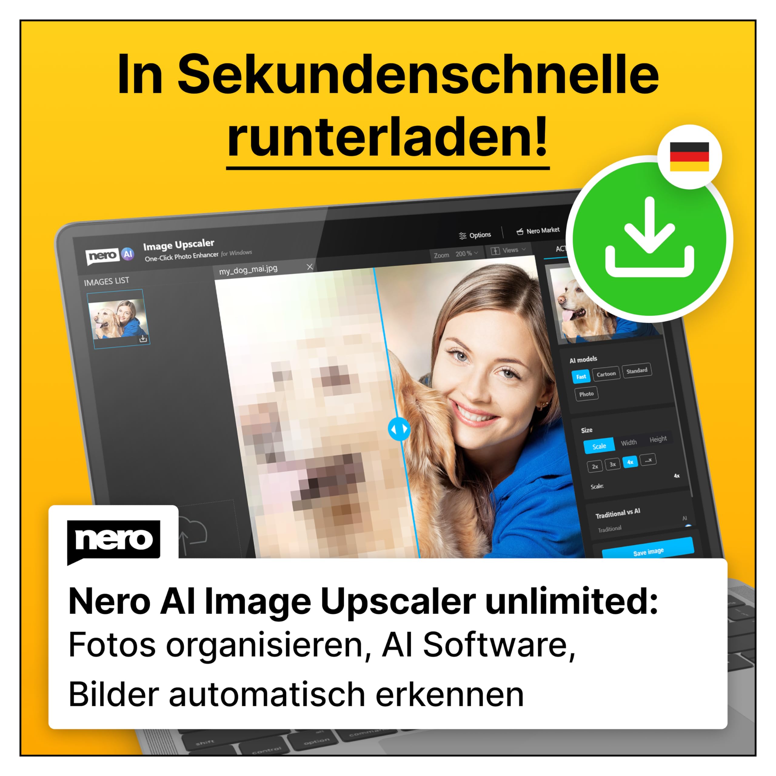 Nero AI Image Upscaler Unlimited | KI | Bilder vergrößern + nachschärfen | Skalieren auf 4K | Windows 11/10 | 1 Gerät