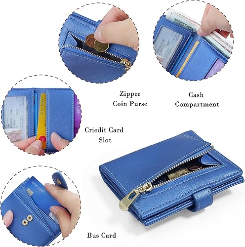 Miniatura 5 de CONISY Cartera pequeña para mujer, con bloqueo RFID, de piel, plegable, con bolsillo frontal, con cremallera (azul)