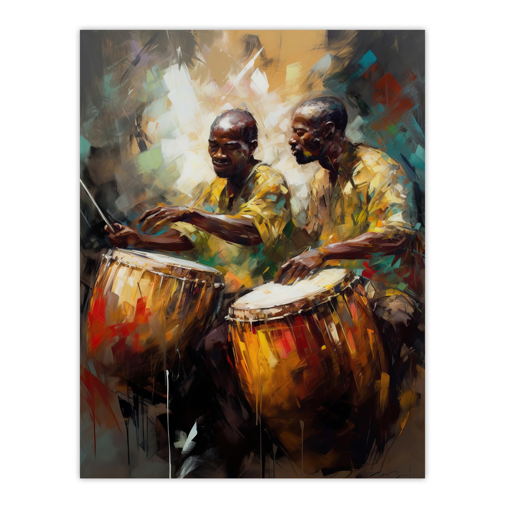 Artery8 African Drum Players Oil Painting Orange Yellow Blue Drummer Beat Traditional Music Songs Extra Large XL Wall Art Poster Print