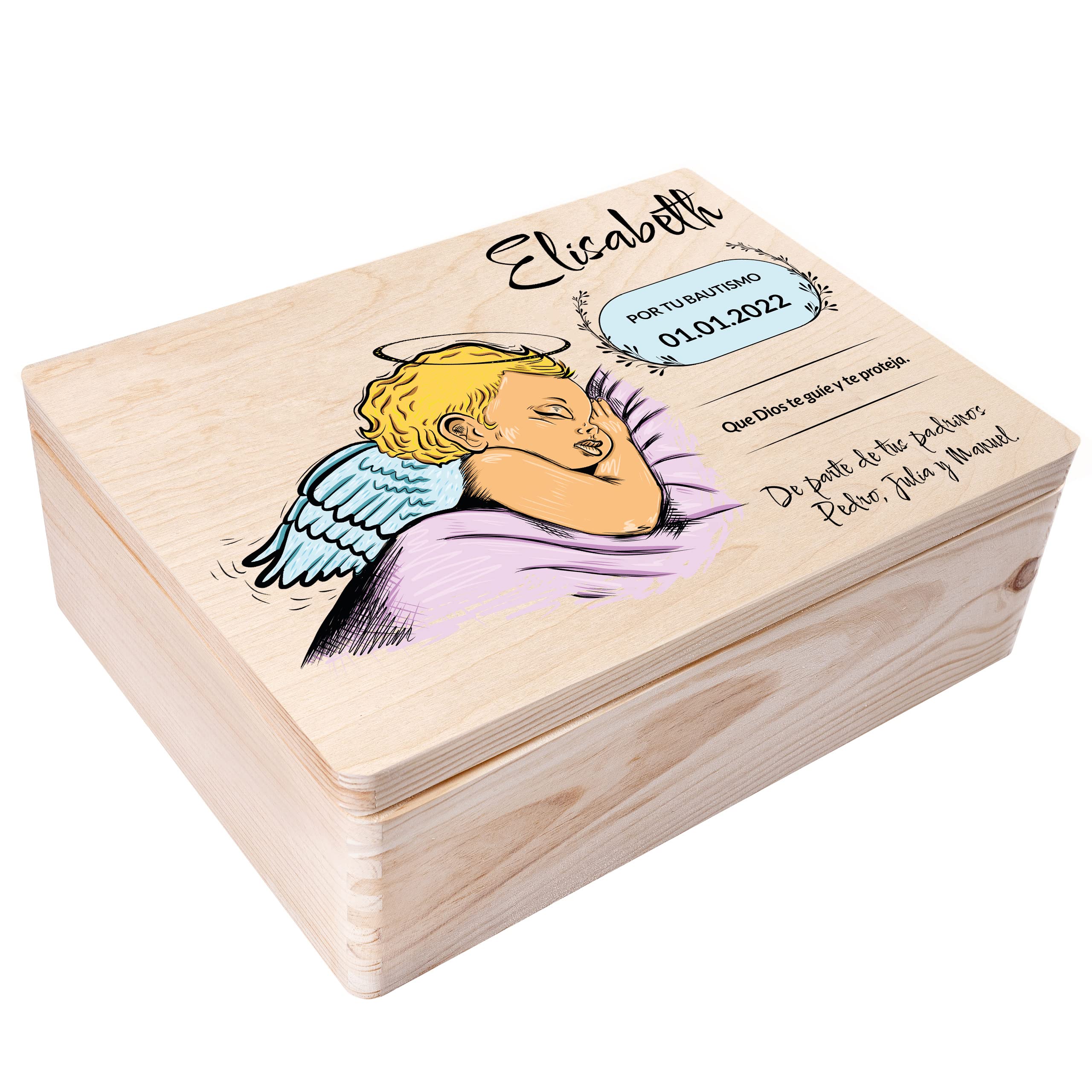 Creative DECO Caja Regalo Personalizada Bautismo para Niños y Niñas | Caja de Memoria de Madera| Personalizado - Ángel | Impreso | Personalizadas para Niño y Niña | Personalizados