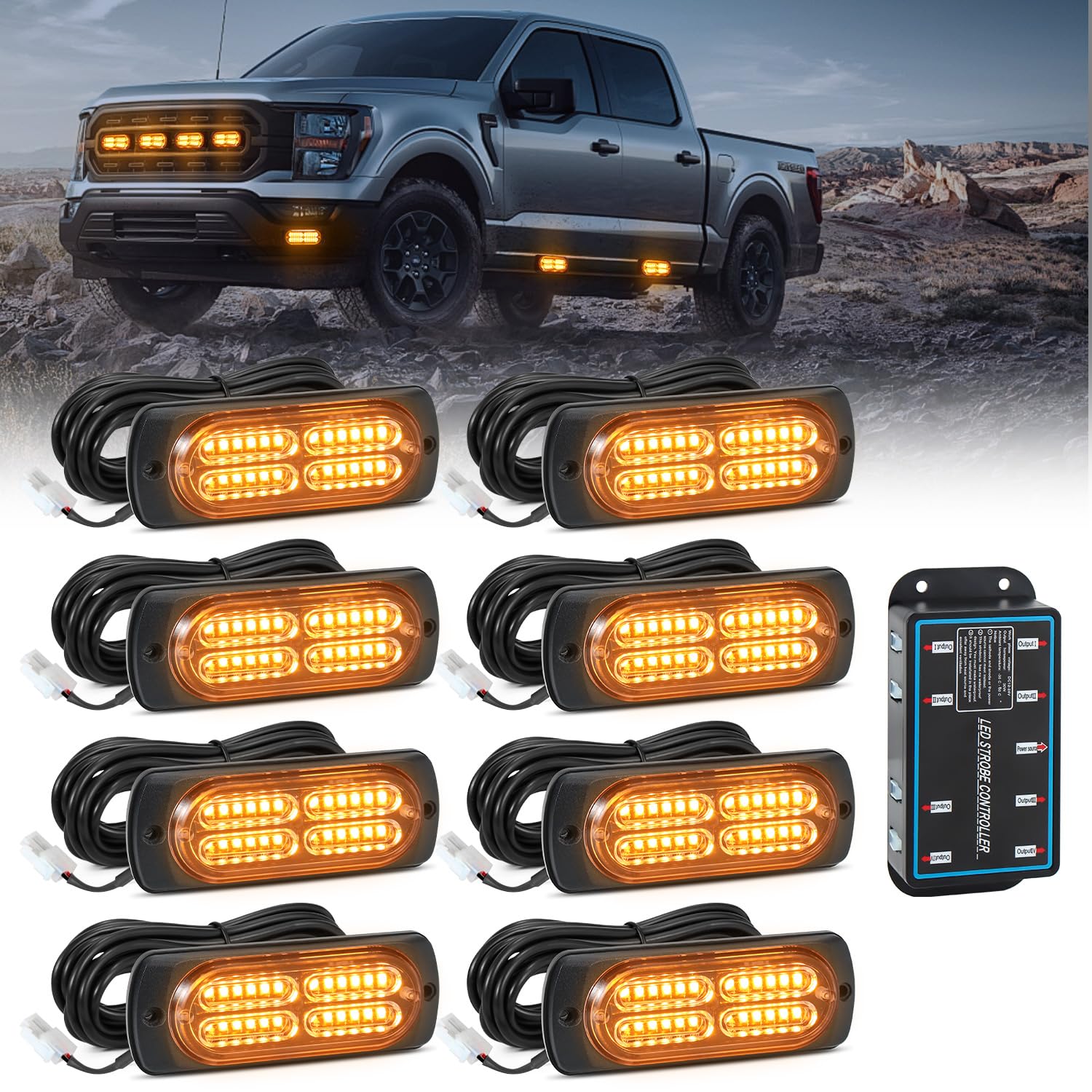 8pcs Emergency Strobe Grille Lights for Trucks, Sync Feature Vehicles Surface Mount 24-LED Flashing Warning Hazard Light Bar with Strobe Controller and Wiring Harness, No Additional Wiring Required