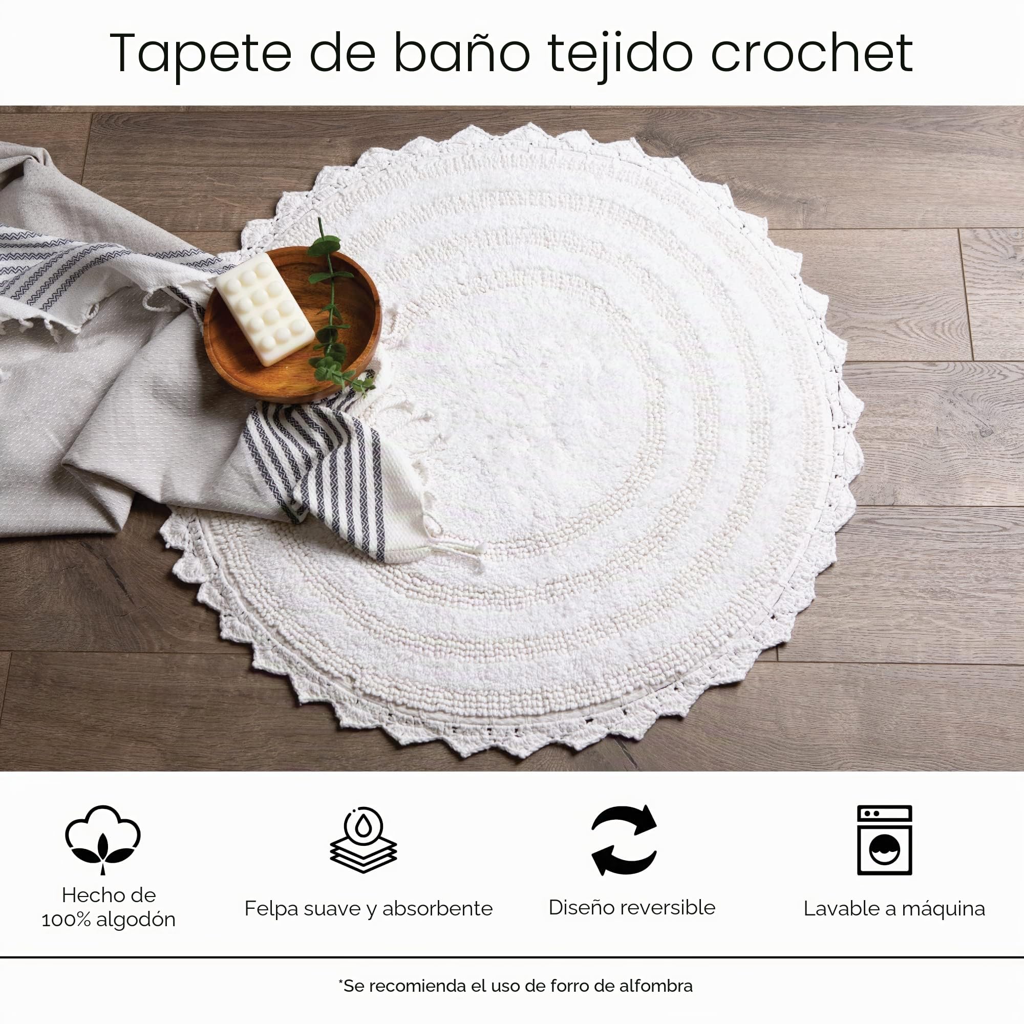 DII Crochet Collection Tapete de baño Reversible, Redondo, 27.5 Pulgadas de diámetro, Piedra