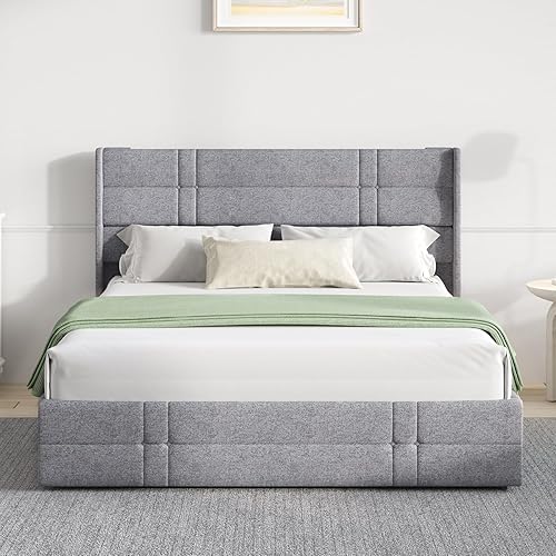 Miniatura 3 de Novilla Cama de almacenamiento elevable, tamaño matrimonial, marco de cama tapizado con almacenamiento, no necesita somier, soporte de listones de