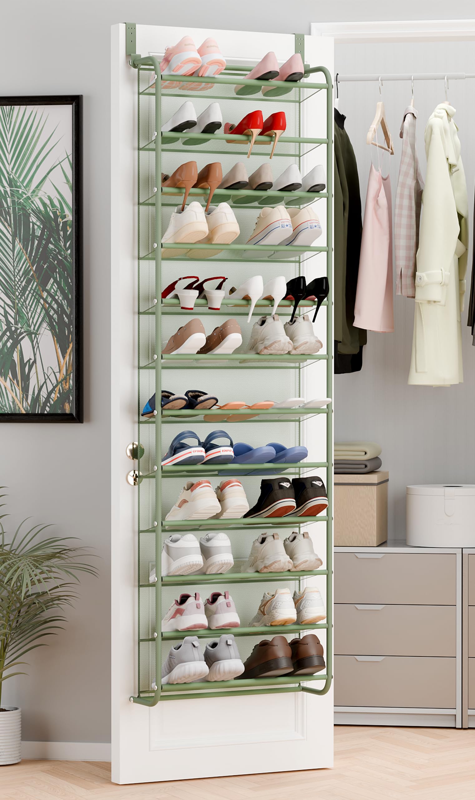 Whitmor 36 Pair Over the Door Shoe Rack,12 Tier Hanging Shoe Organizer with Metal Frame &amp; Mesh shelves, Heavy Duty Shoe Storage Holder for Door,No Drill Installation, 74" H x 21.7" W x 7.5" D, Green