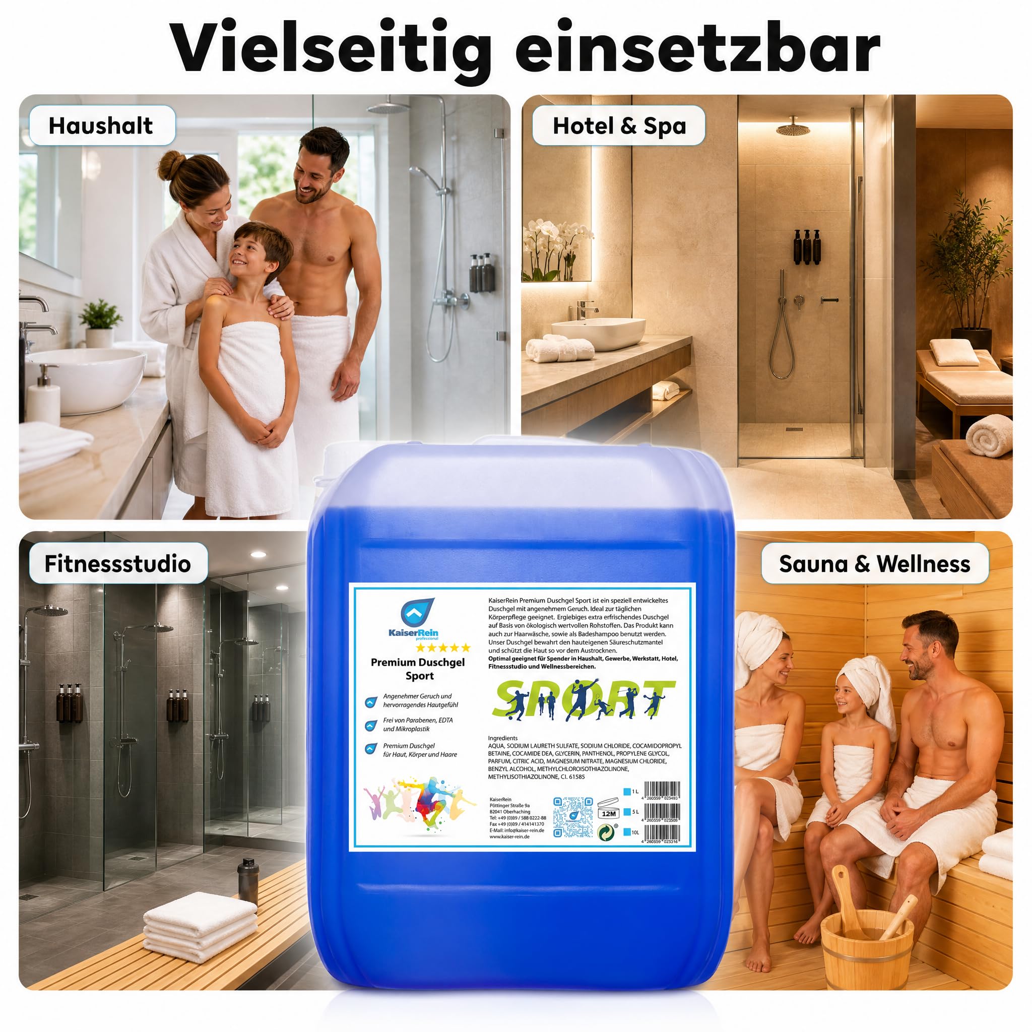 KaiserRein Duschgel Sport, Premium Duschgel für Herren und Damen, 10 L Kanister als Nachfüllpack für Spender, mikroplastikfrei, ohne Parabene und EDTA, für Körper, Haare & als Badezusatz