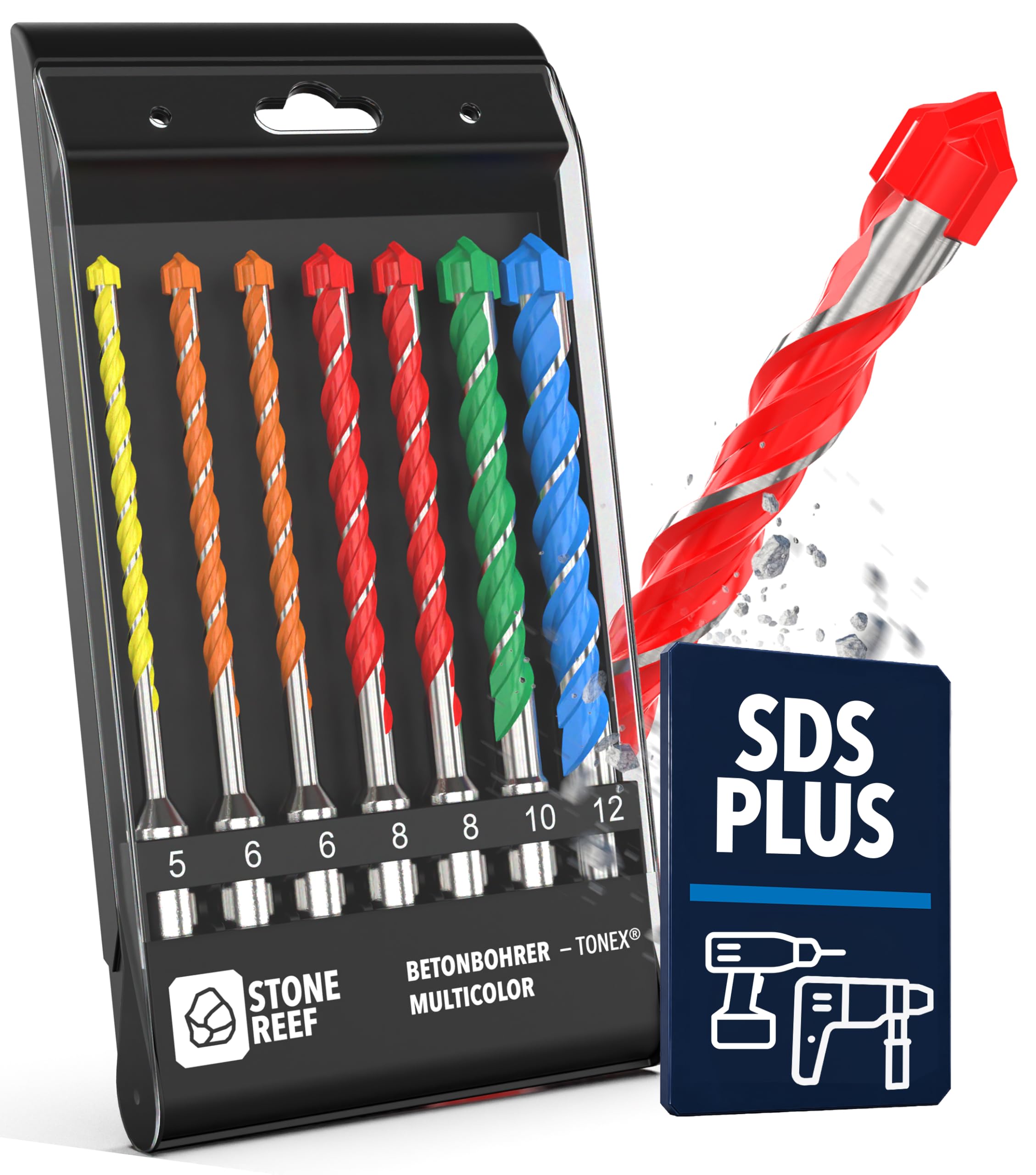 SDS Plus Bohrer Set 7 tlg farbcodiert 5-12 mm Betonbohrer Steinbohrer | Komplett farbcodiert je Größe: der richtige Bohrer liegt sofort in der Hand – 5 bis 12 mm für Beton, Stein und Ziegel