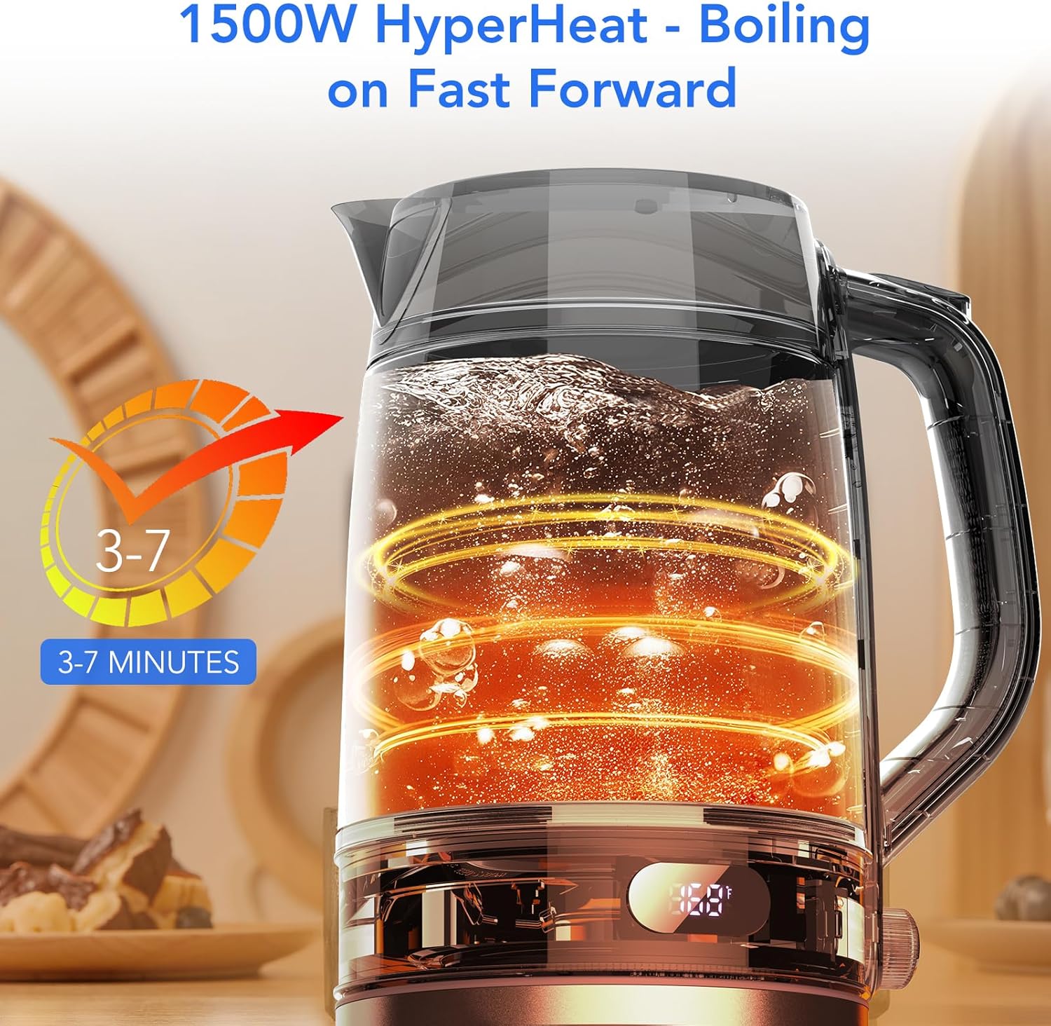 COWSAR Electric Kettle demonstrating 1500W fast heating capability.