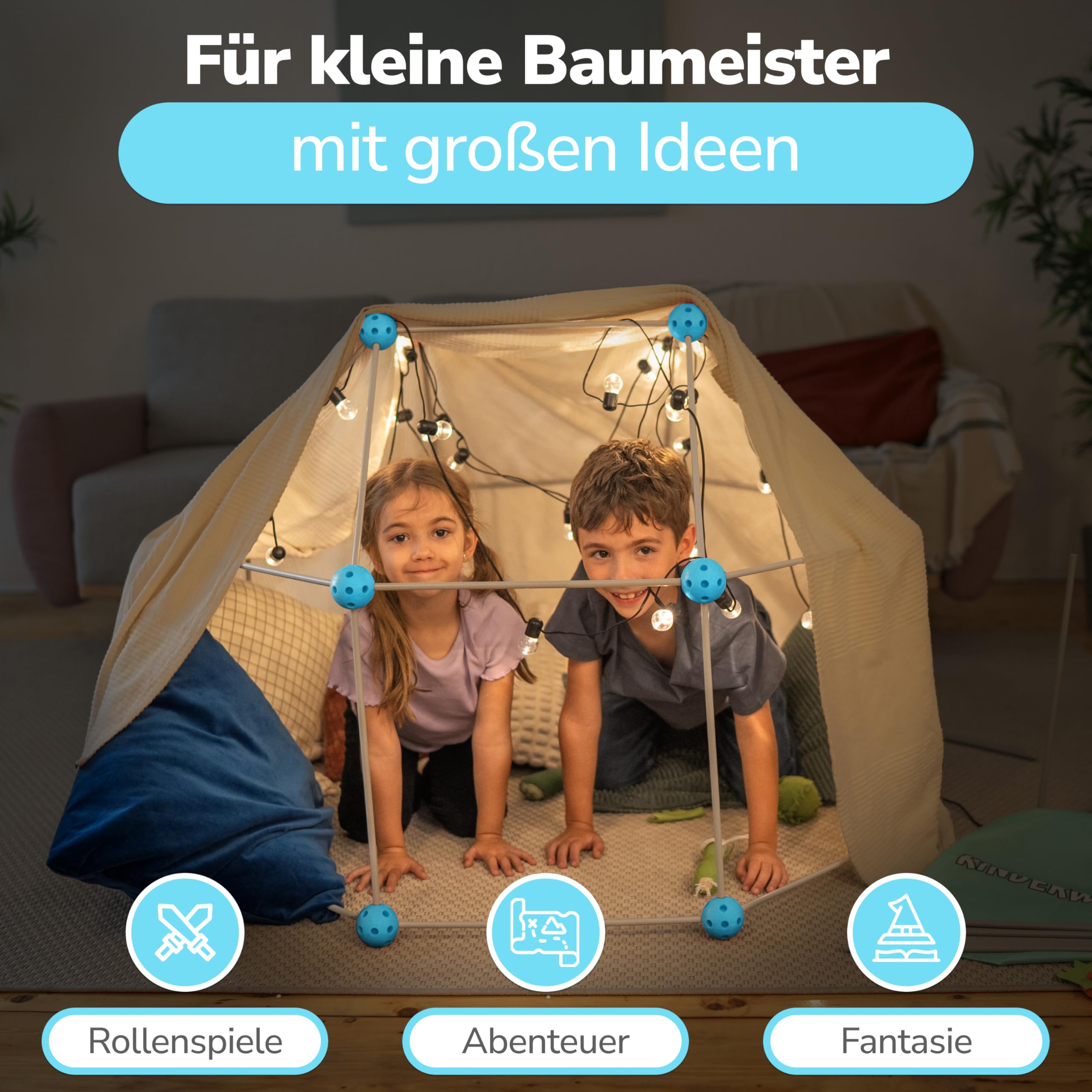 KINDERWERK - Konstruktionsspielzeug – 140-teiliges Set zum Höhle Bauen für Kinder – Unterstützt Kreativität & räumliches Denken – Indoor & Outdoor Spielzeug (blau/grau) (Packung mit 2)