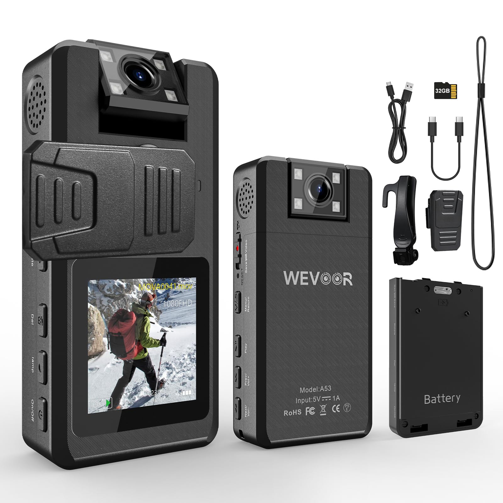 Caméra de Corps 1296P 32G, 4260mAh 20H Caméra Corporelle Video avec Audio, Objectif Rotatif à 180°, Wevoor Mini Pocket Boycam Police Portable avec 360° Clip Vision Nocturne pour Extérieur/Voyages