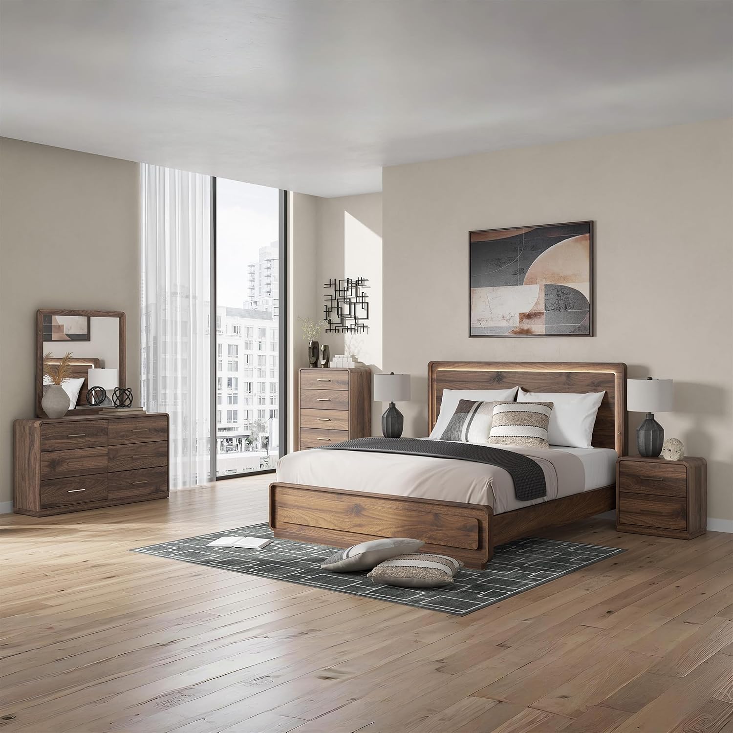 Signature Design by Ashley Corlay Tall 5 Drawer Dresser Chest, Walnut | MDF substrates with decorative paper laminate, Replicated walnut finish, Black finish hardware, Bedroom use