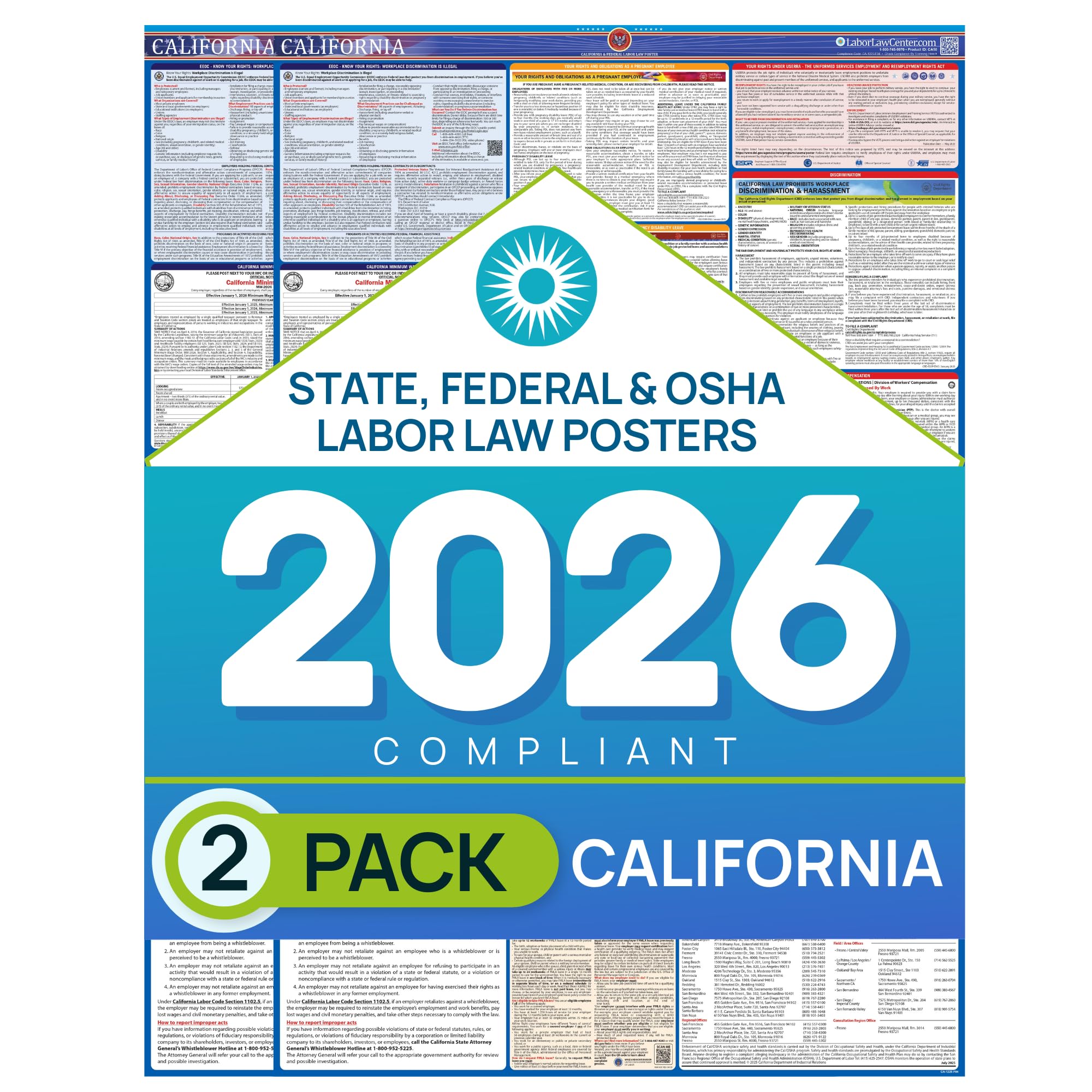 Updated California 2026 Labor Law Poster – State & Federal Compliance – OSHA, EEOC, FMLA, Minimum Wage – Durable, Laminated & Waterproof Workplace